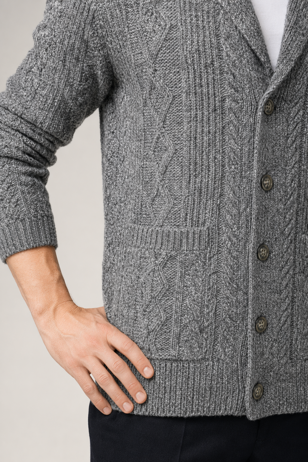 Shawl Collar Men's Cable Knit Cardigan Light Gray