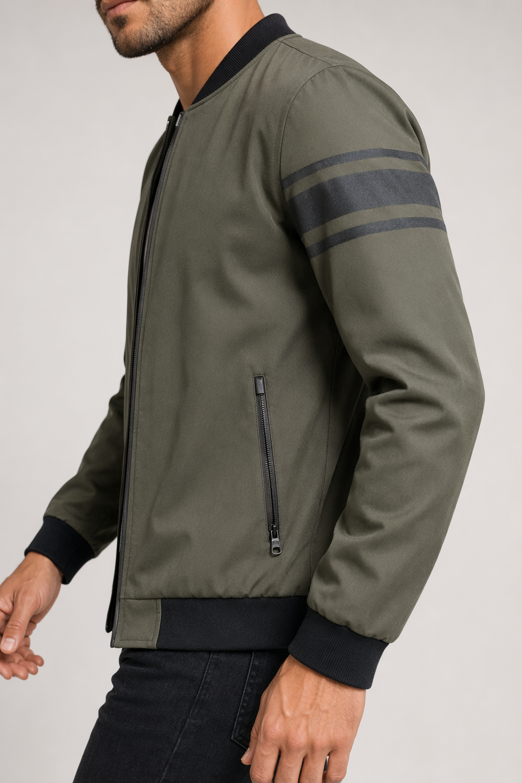 Striped Sleeve Zip-Up Bomber Jacket for Men Army Green