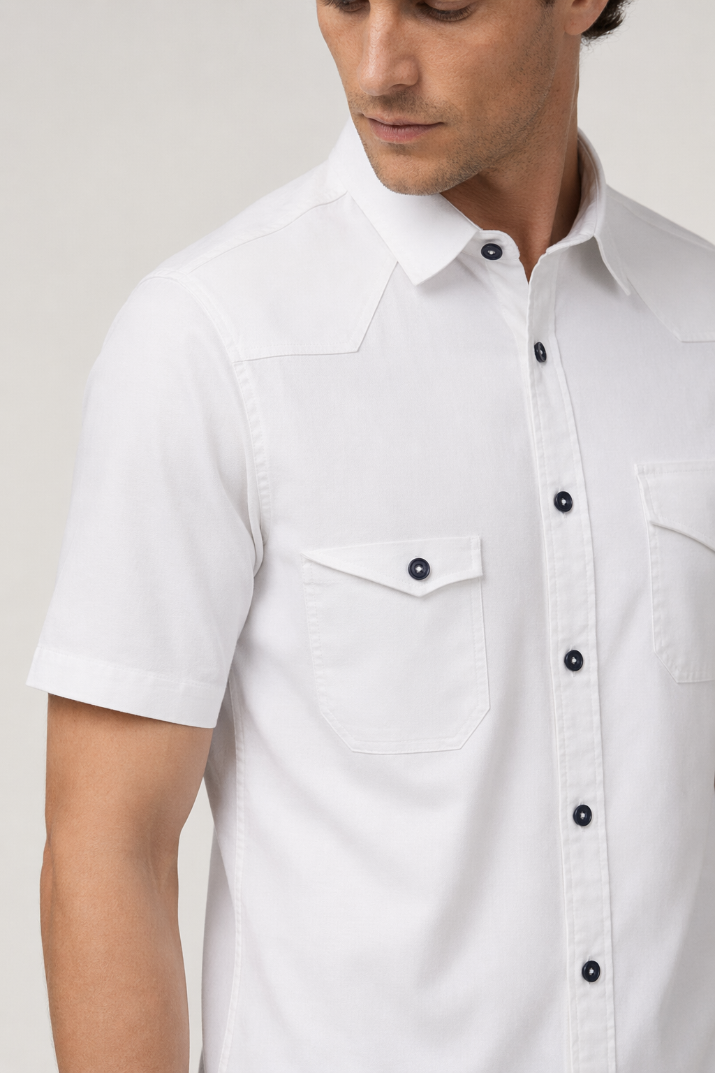 Short Sleeve Shirt with Flip Pockets for Men White