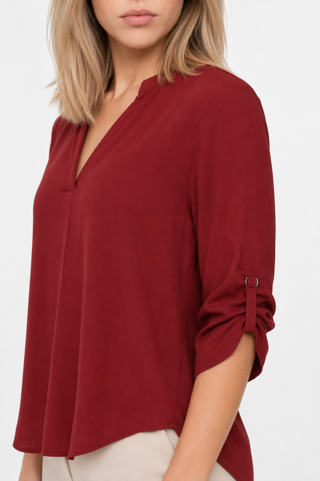 Quarter Sleeve Women's Top with a V Neckline Red