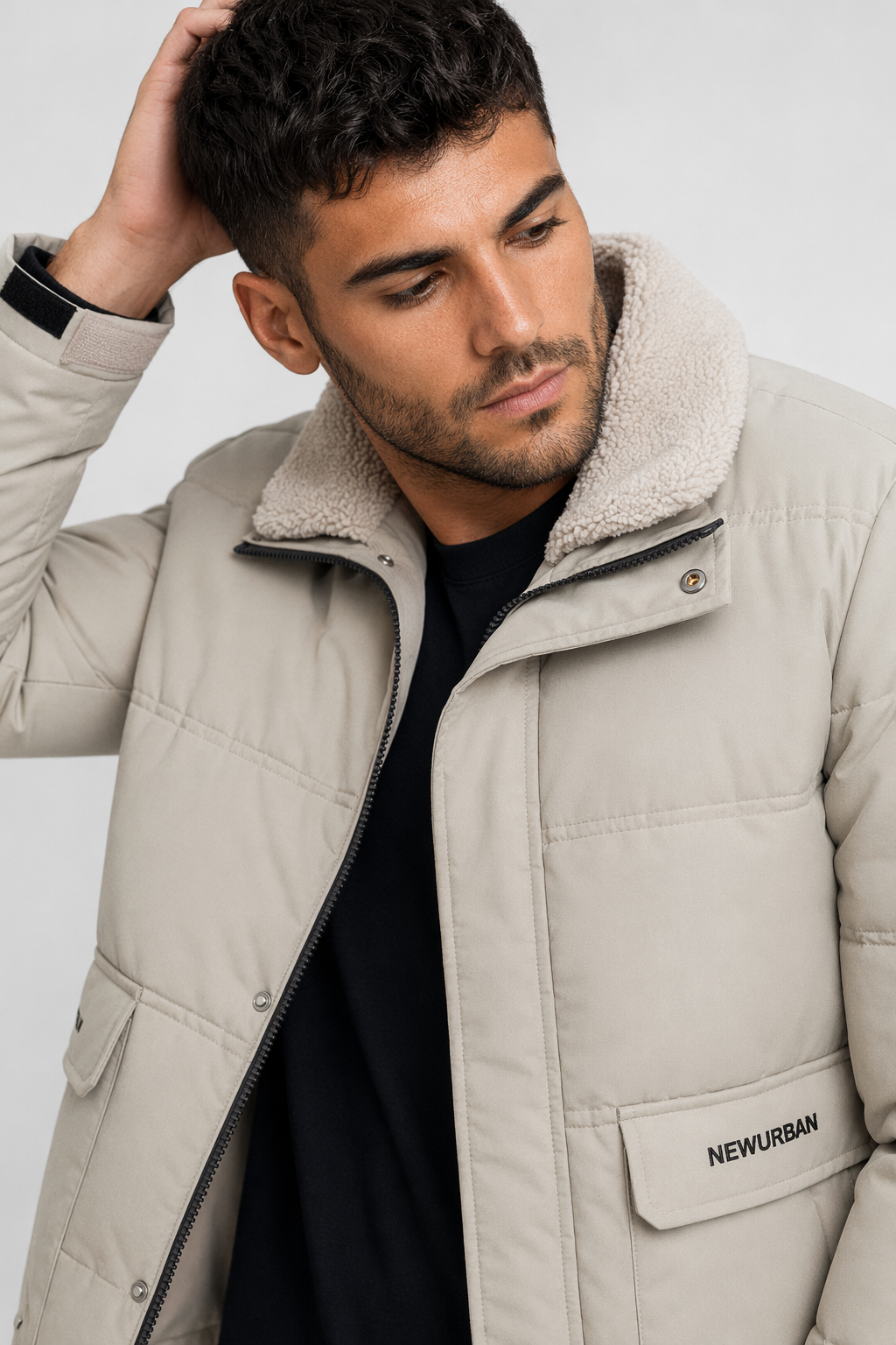 Faux Fur Collared Zip-Up Jacket for Men - Ensuring Warmth and Style Beige