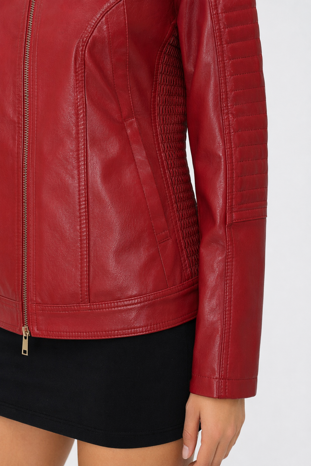 Faux Leather Hooded Jacket with Plush Interior Red