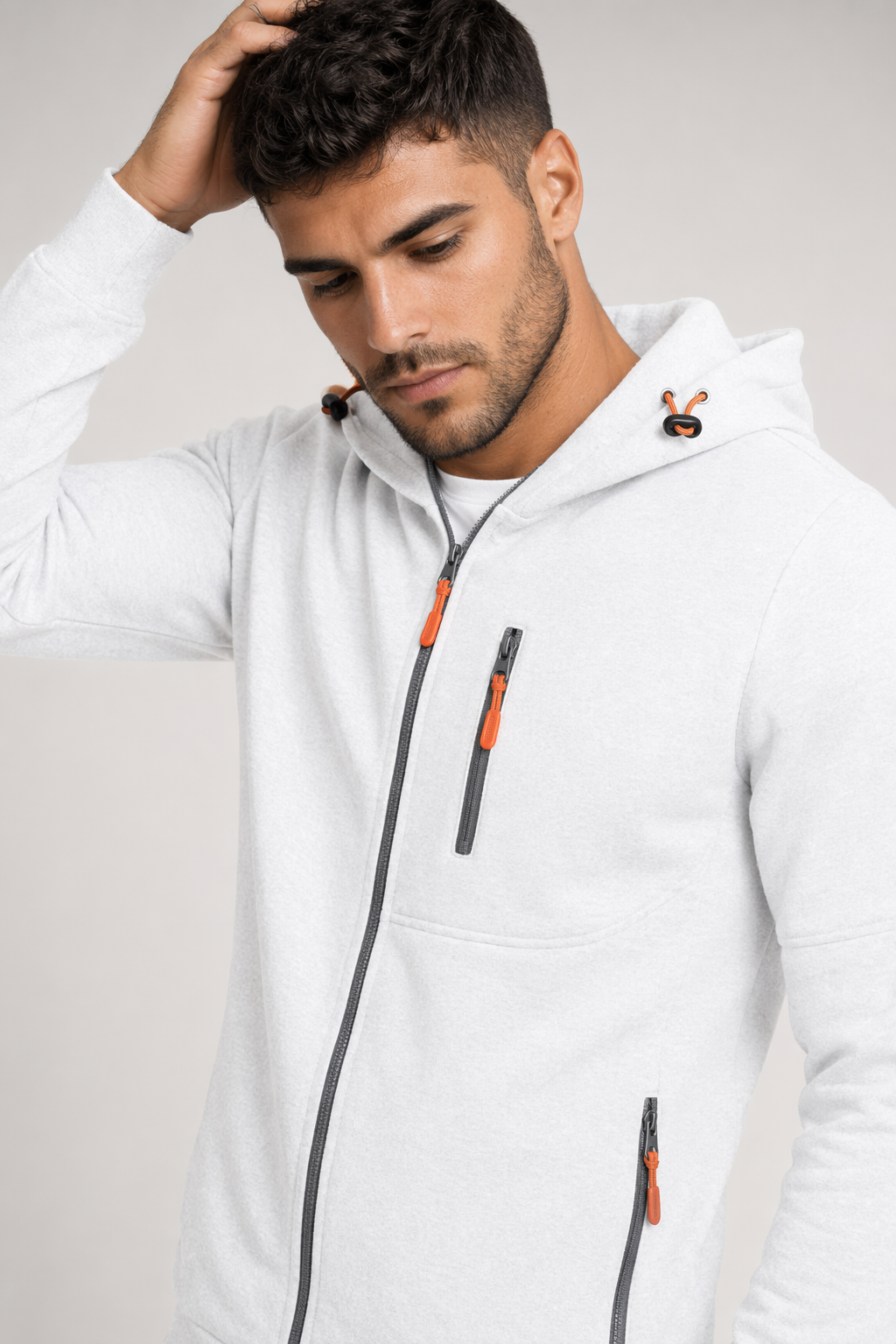 Dual-Zip Men's Lightweight Hooded Sweatshirt White
