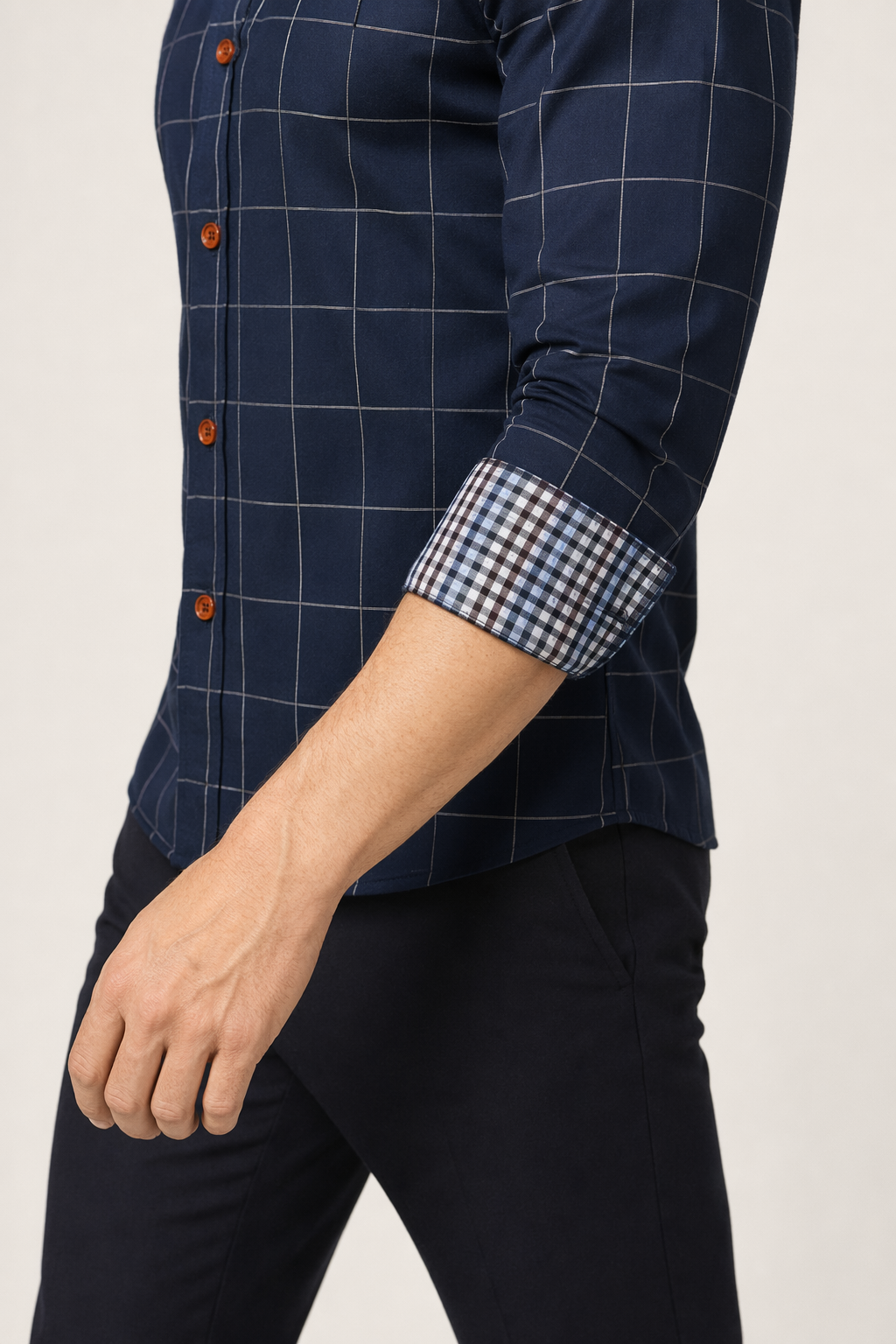 Long Sleeve Plaid Shirt for Men with Unique Inner Accents Navy