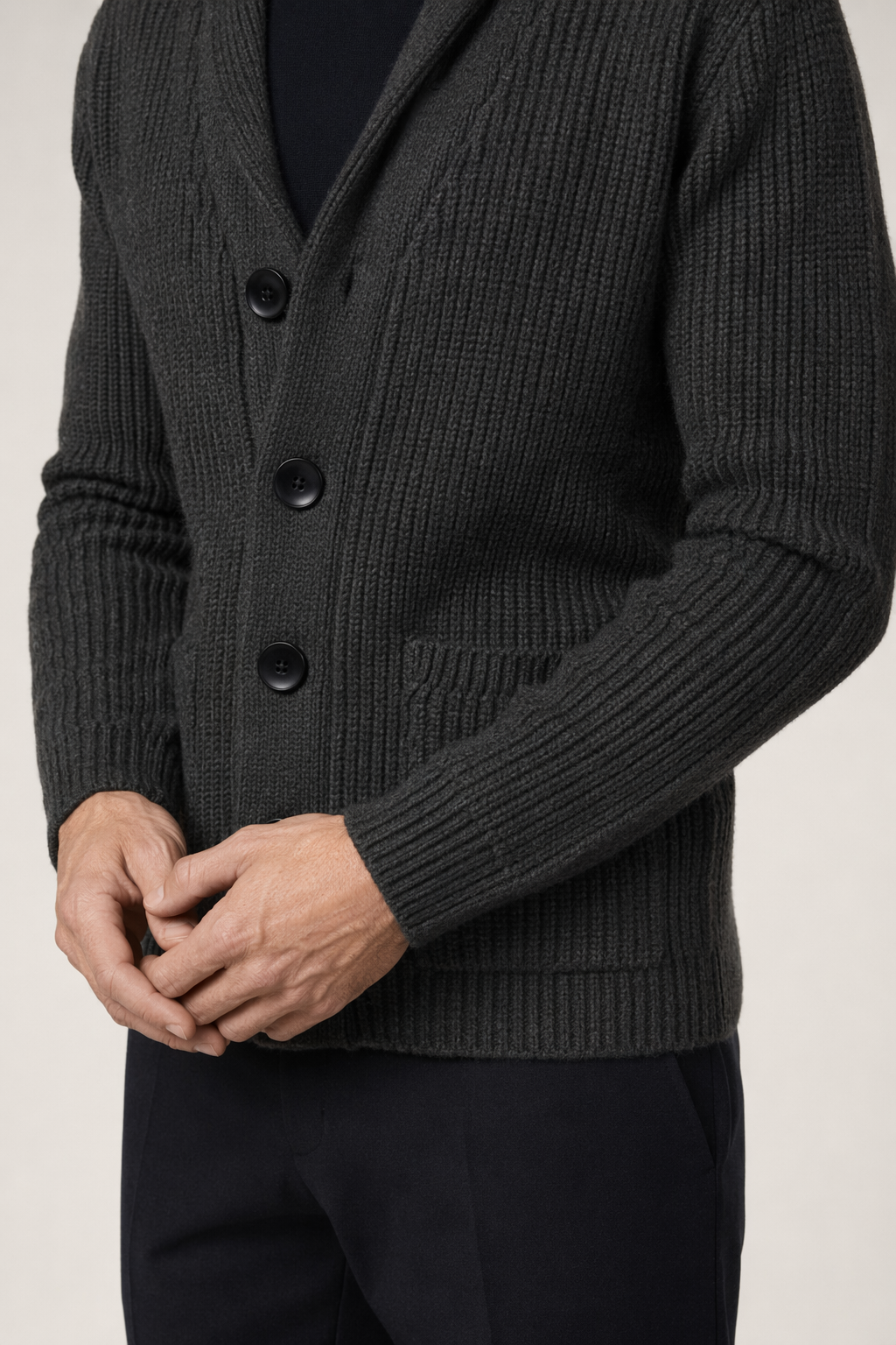 Chunky Knit Cardigan for Men with Shawl Neckline Dark Gray