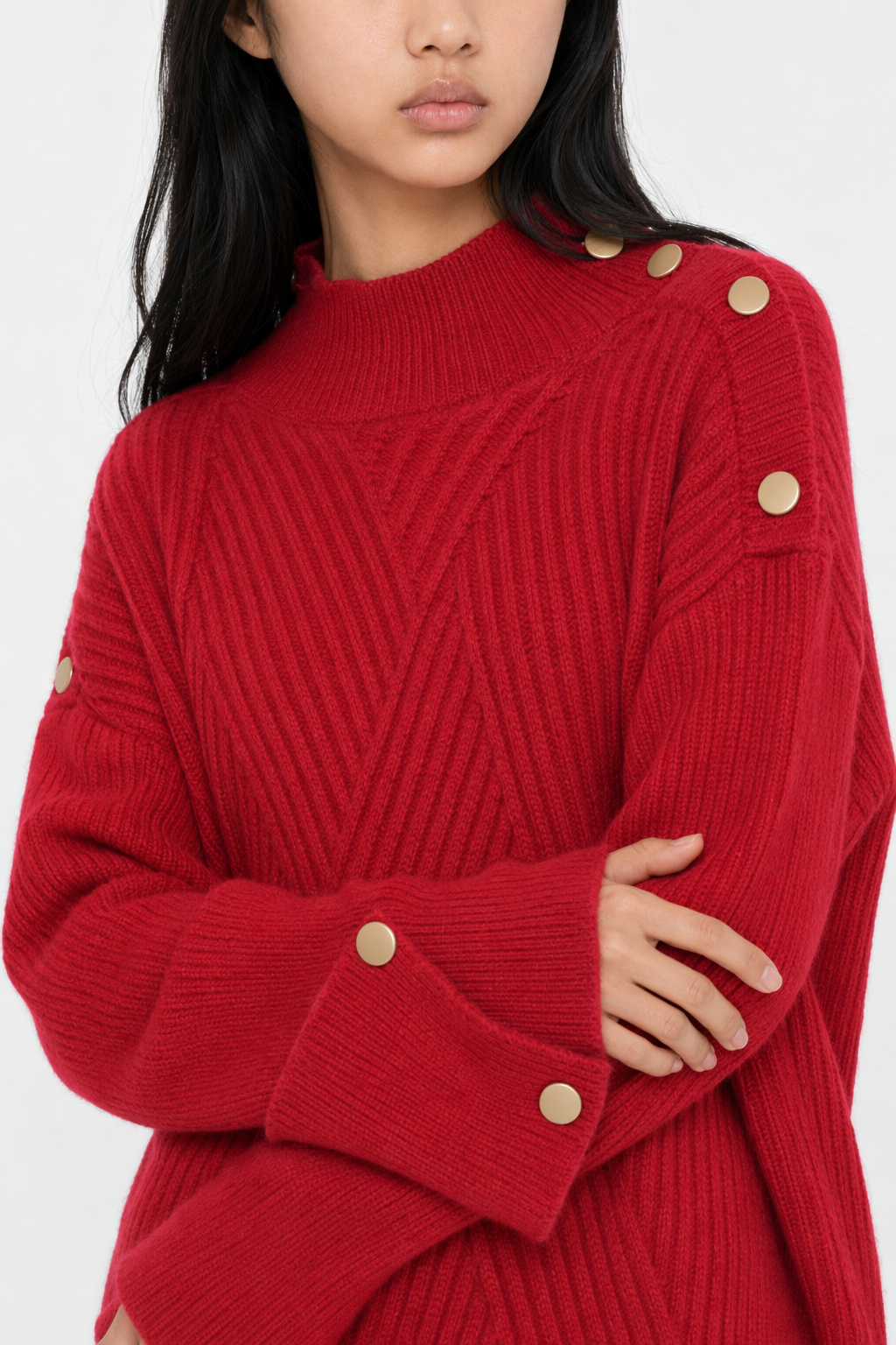 Button-Detailed Women's Sweater with a High Neckline Red