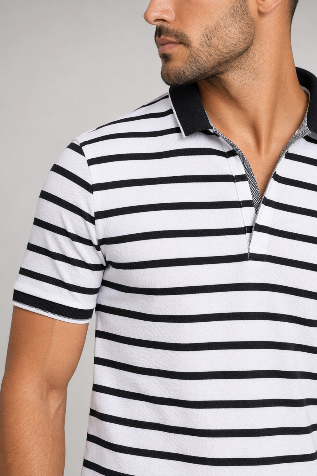Slim Fit Polo Shirt for Men with Short Sleeves in Stripes White