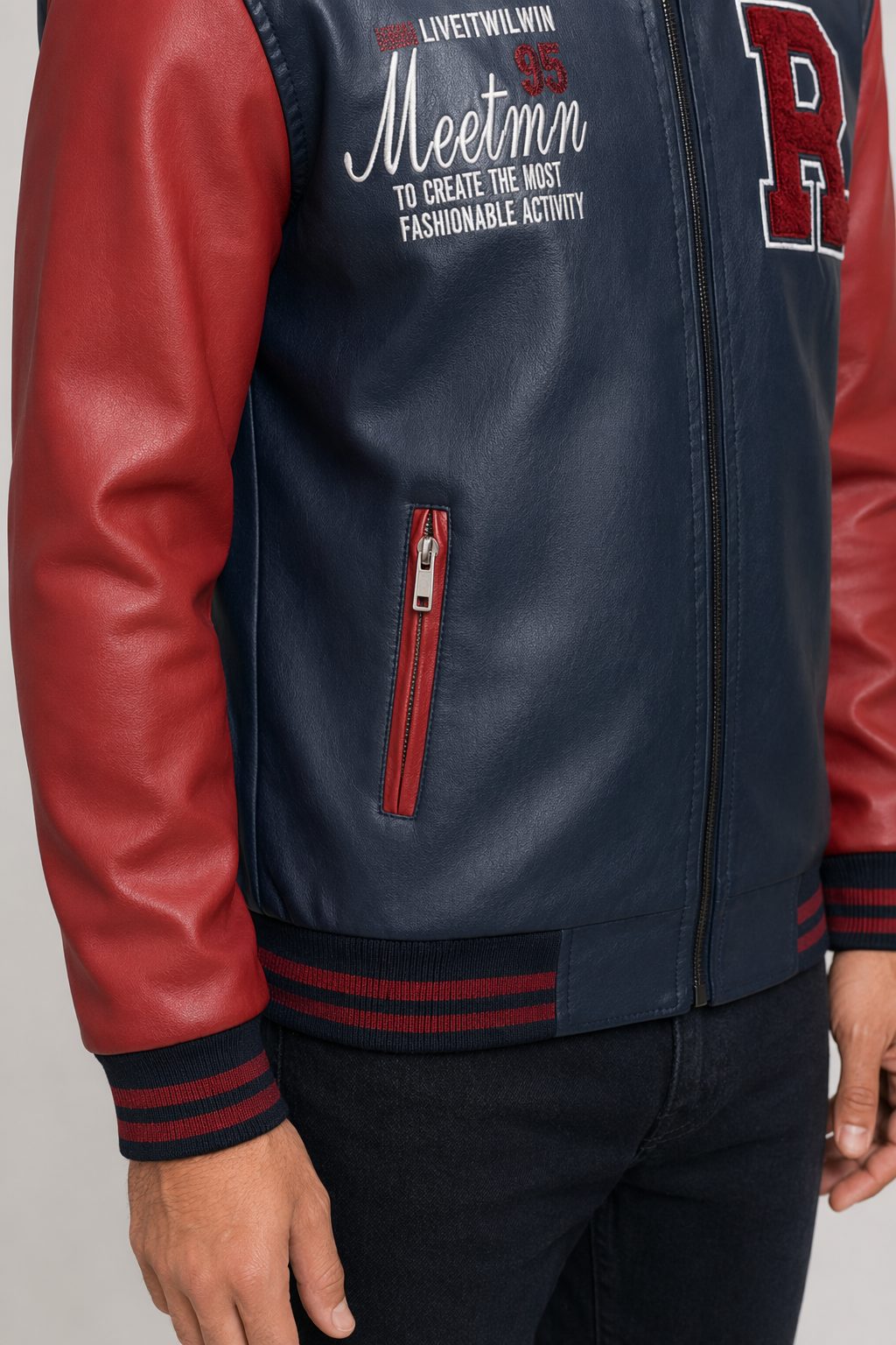 Men's Synthetic Leather Baseball Jacket Blue