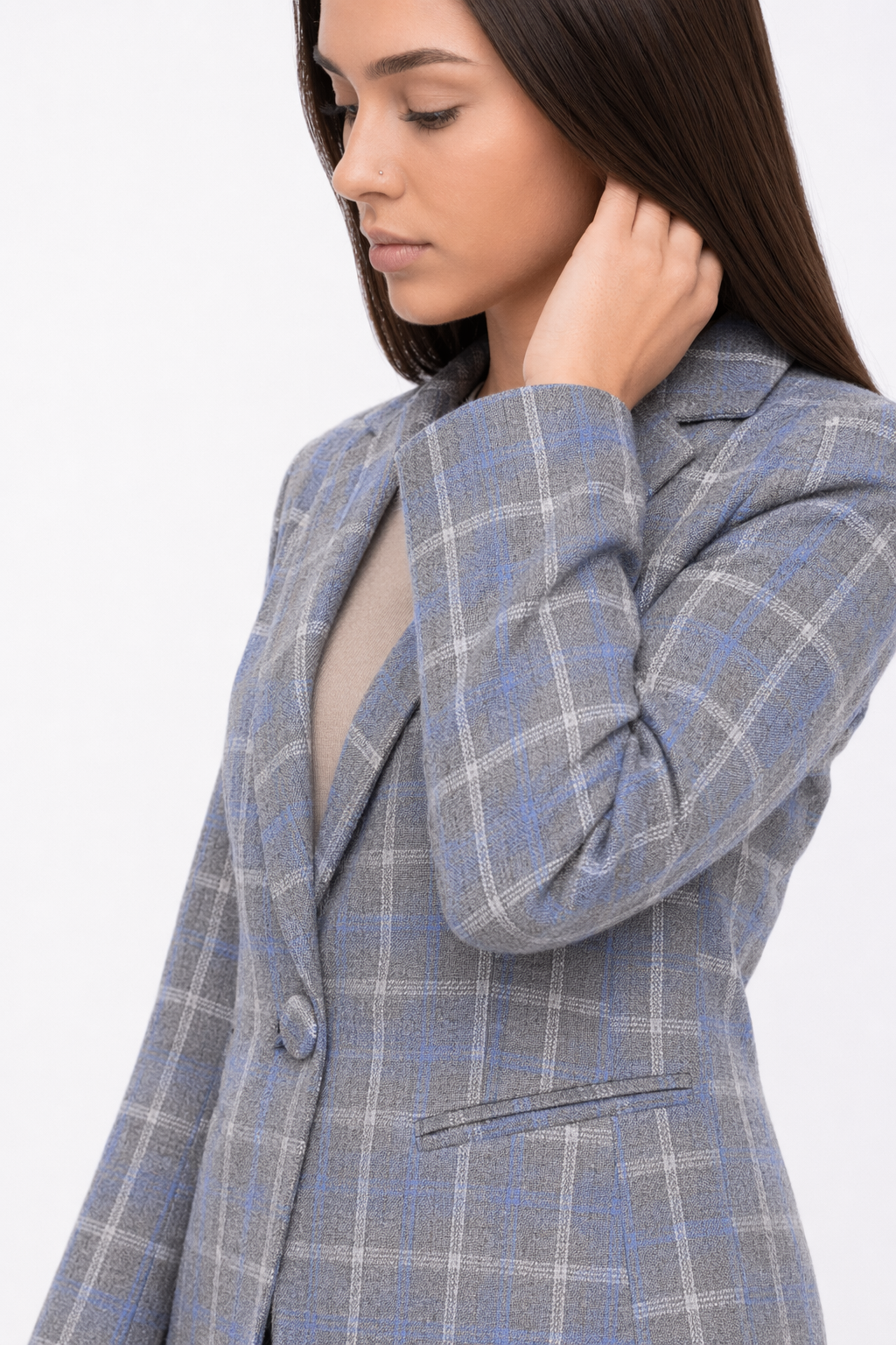 Slim Fit Checkered Blazer for Women Light Blue