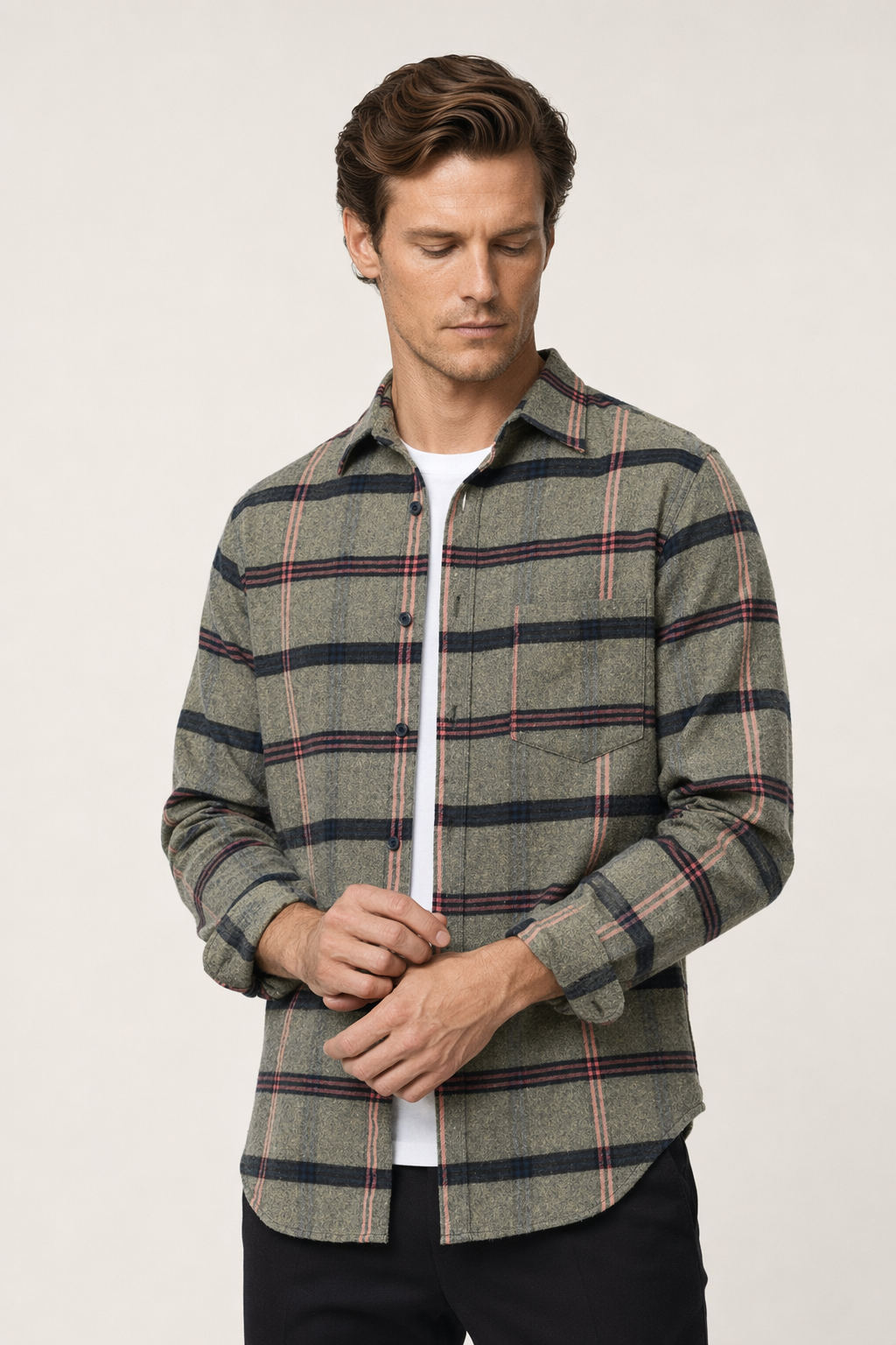 Casual Plaid Shirt with Long Sleeves for Men Khaki