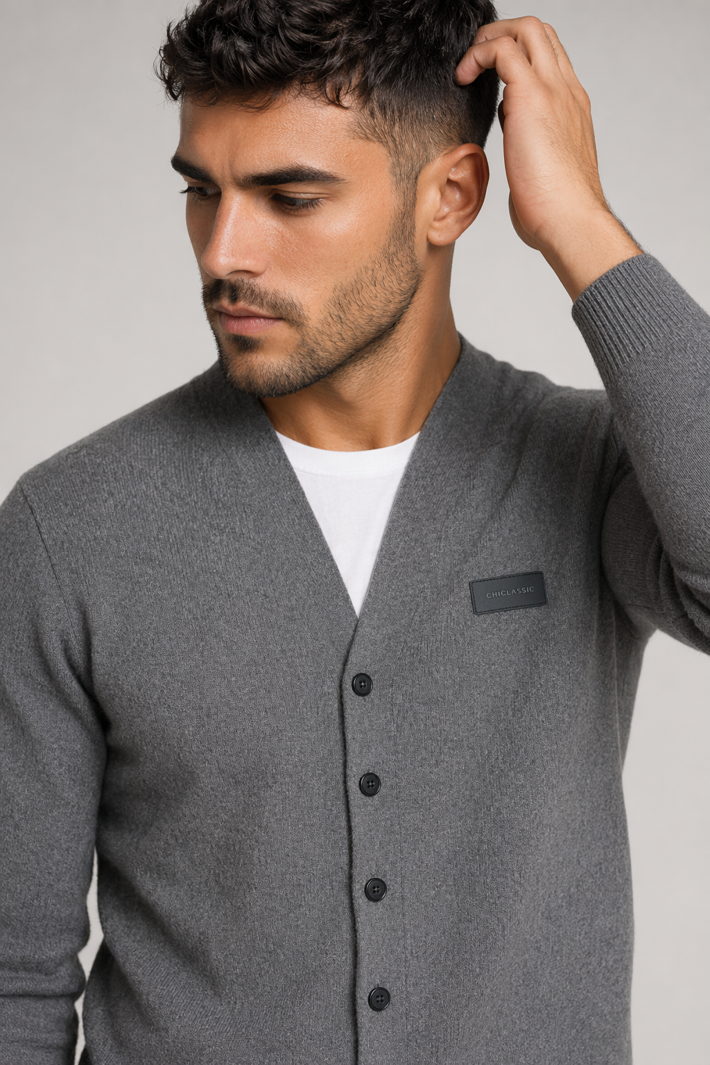 Button-Front Slim Fit Cardigan for Men Gray