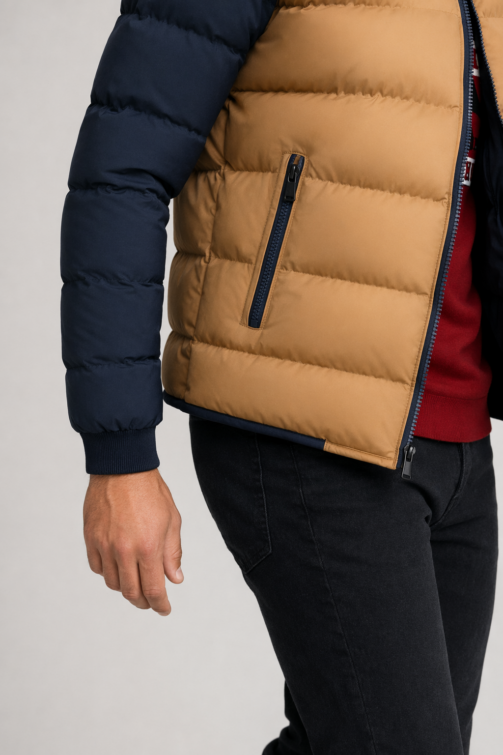 Removable Hooded Men's Two-Toned Quilted Jacket Khaki