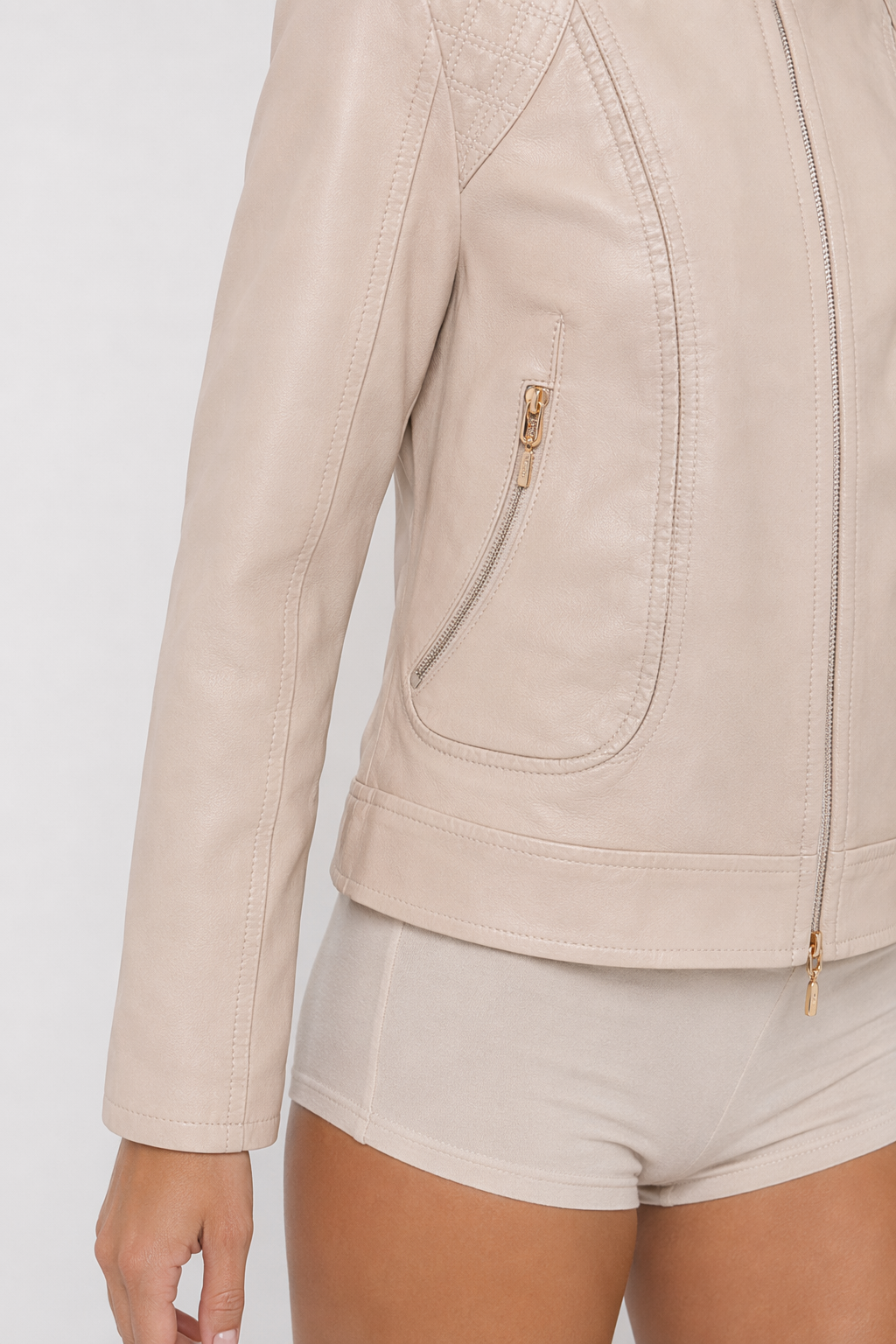 Soft Quilted Faux Leather Jacket for Women Apricot