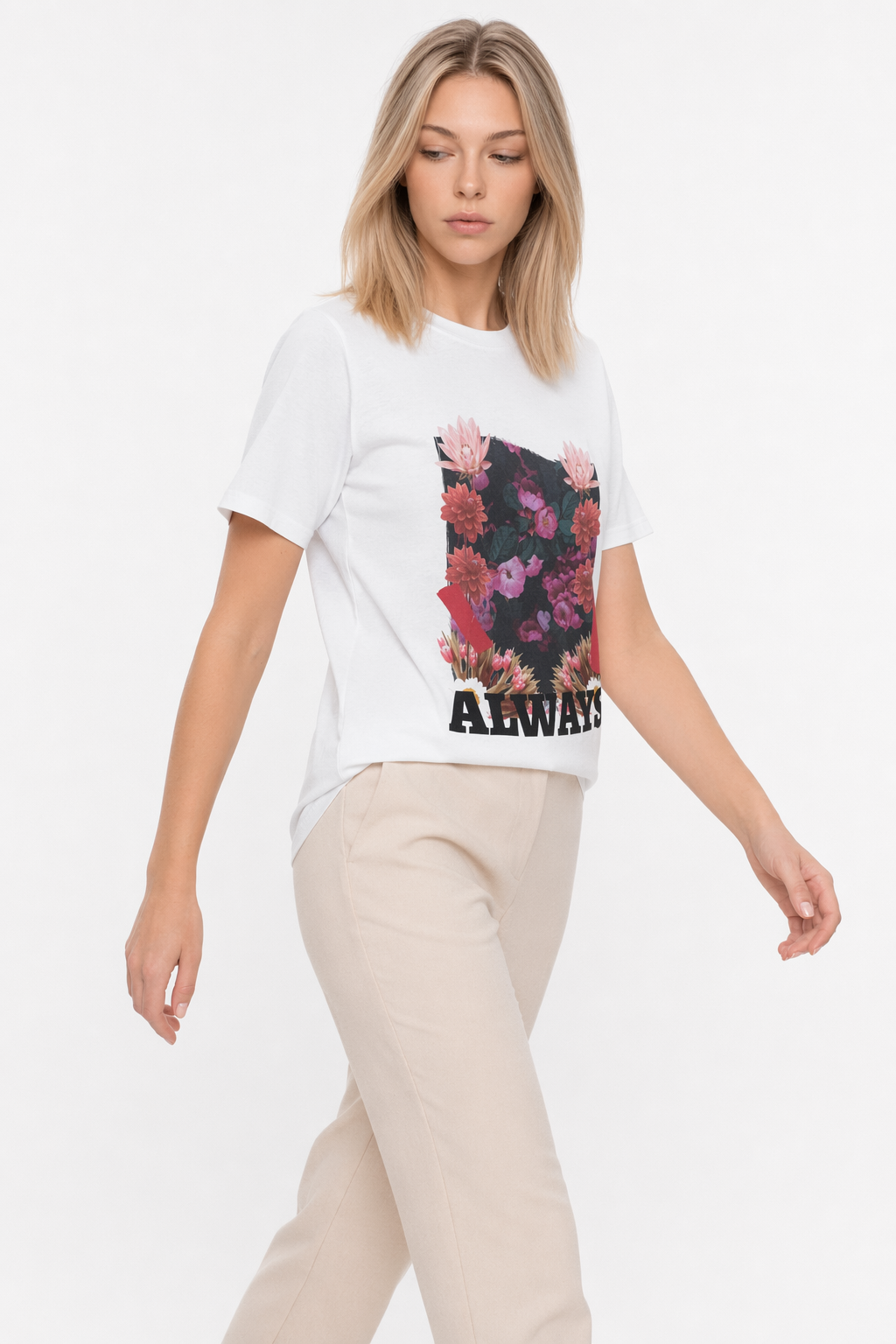 Short Sleeve Jersey Tee with a Floral Grunge Twist White