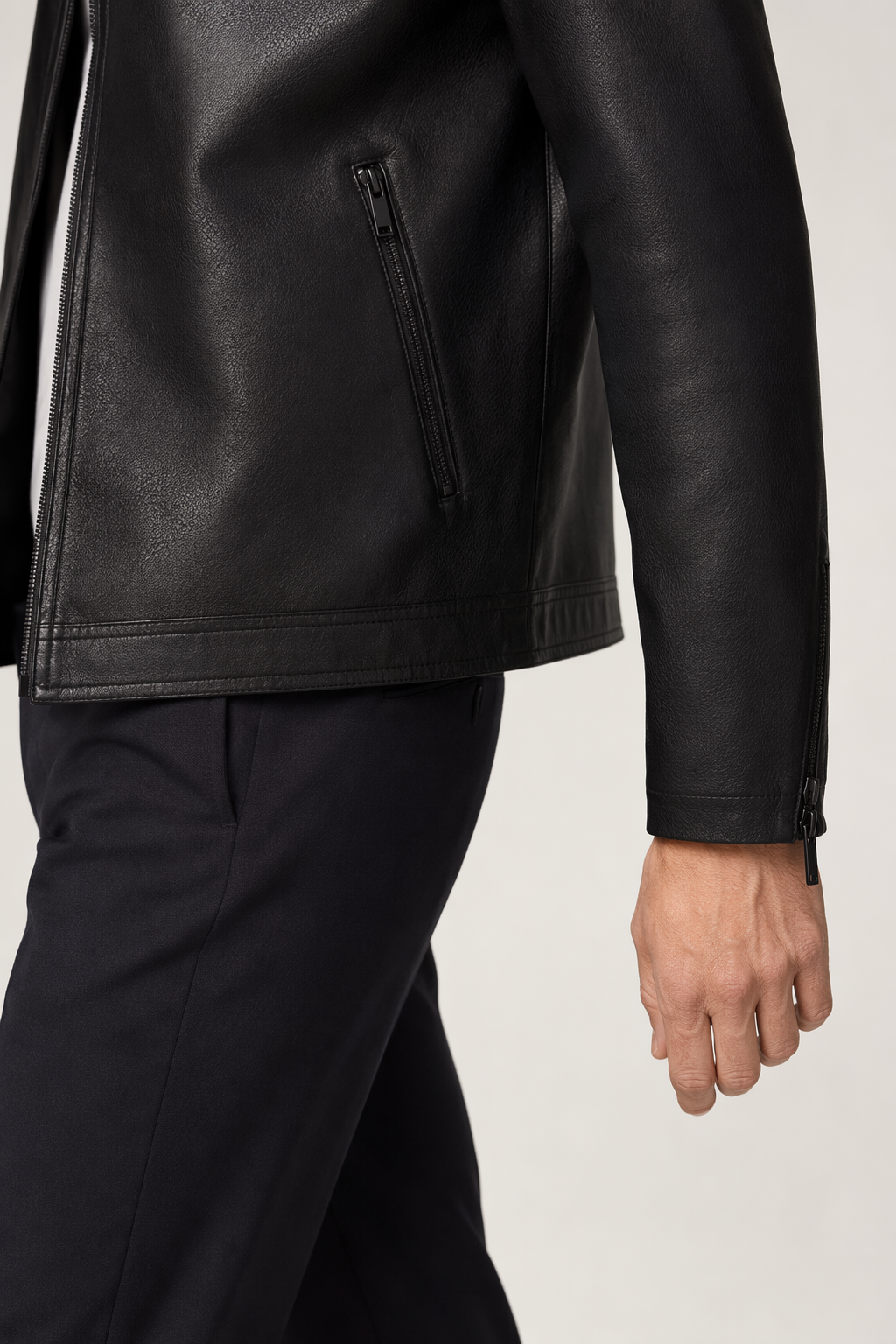 Vegan Leather Biker Jacket with Round Neck Zipper for Men Black