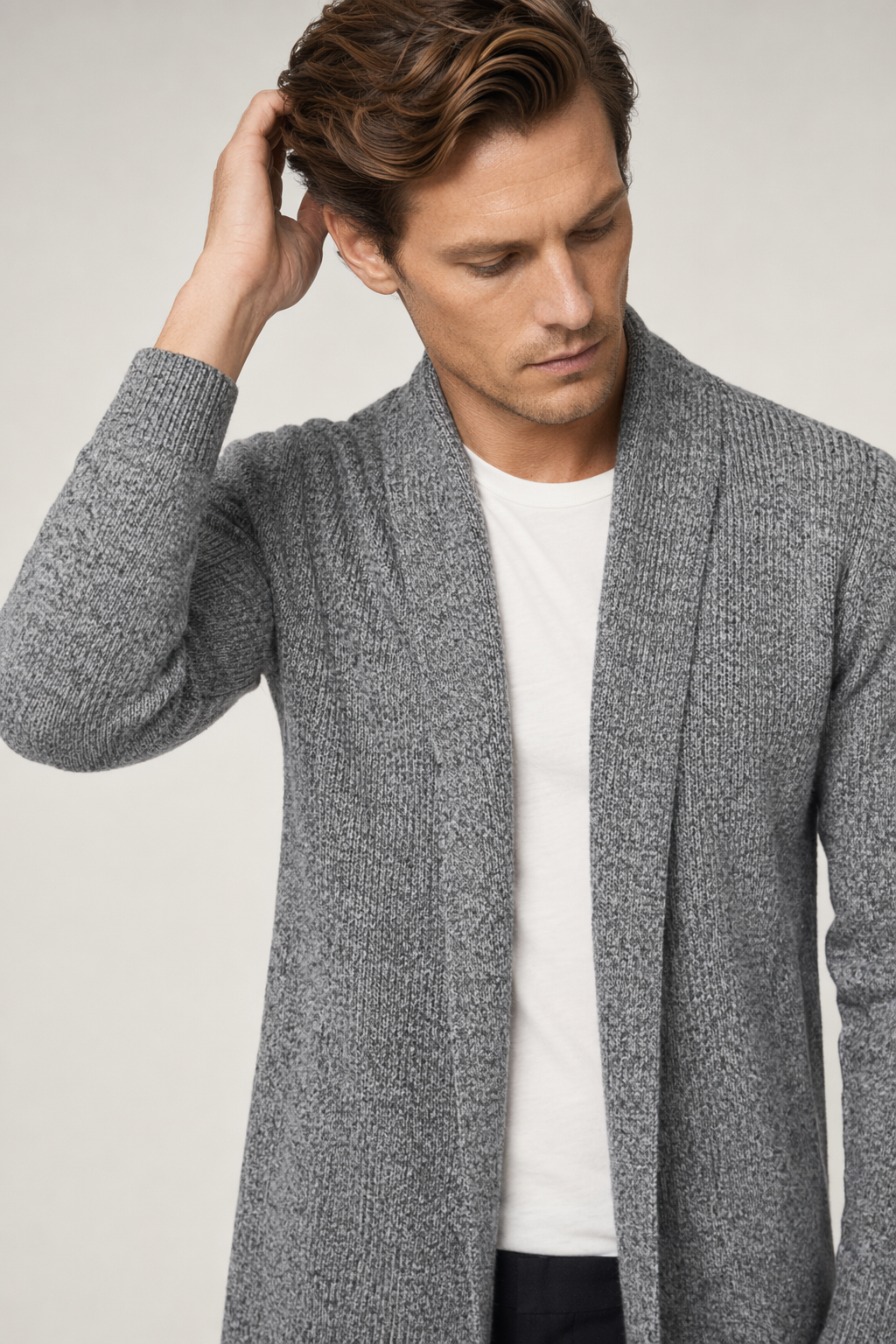 Gray Mid Length Shawl Collar Cardigan for Men Default