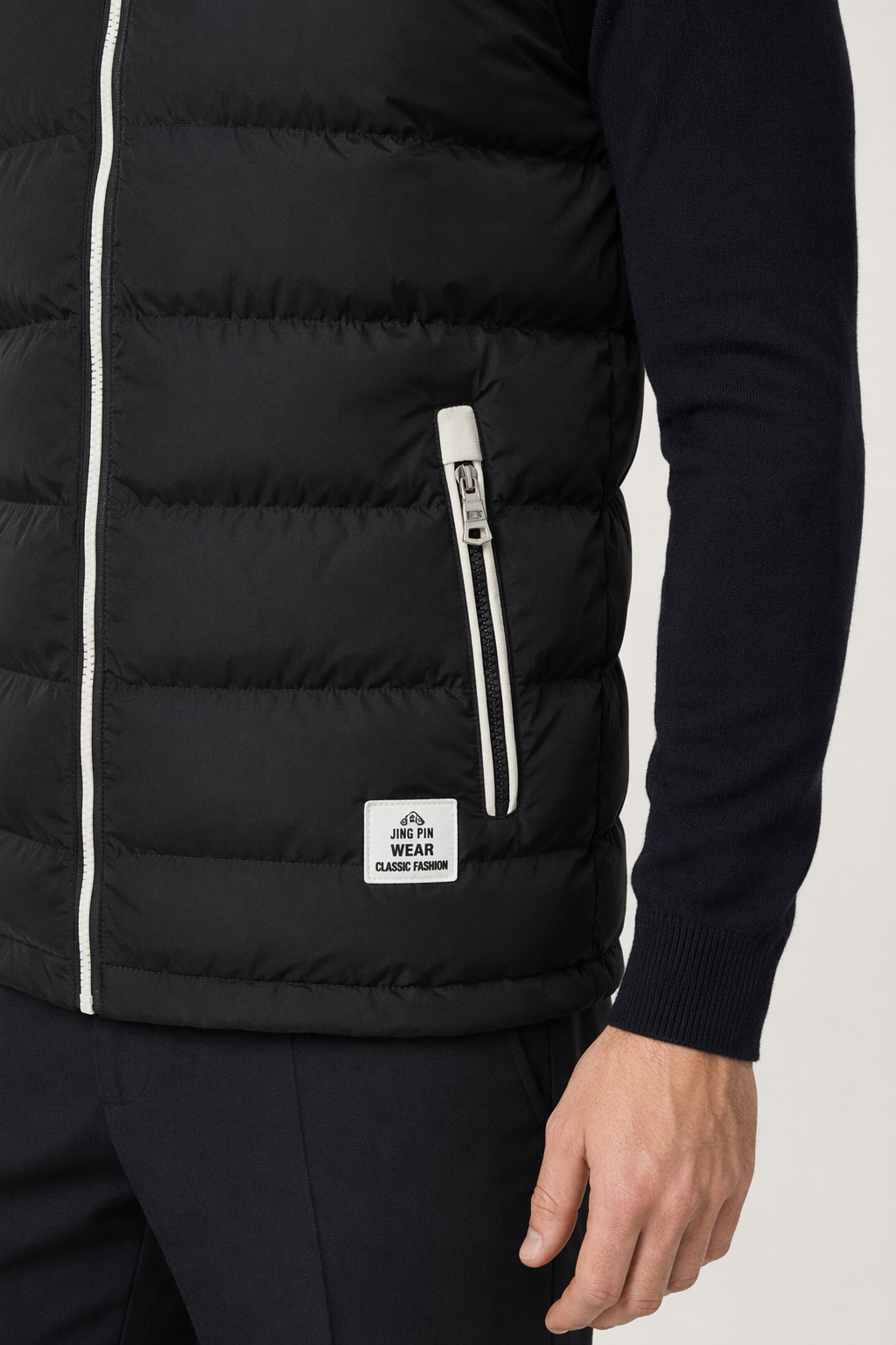 Two Tone Black Winter Puffy Vest with Hood for Men Default