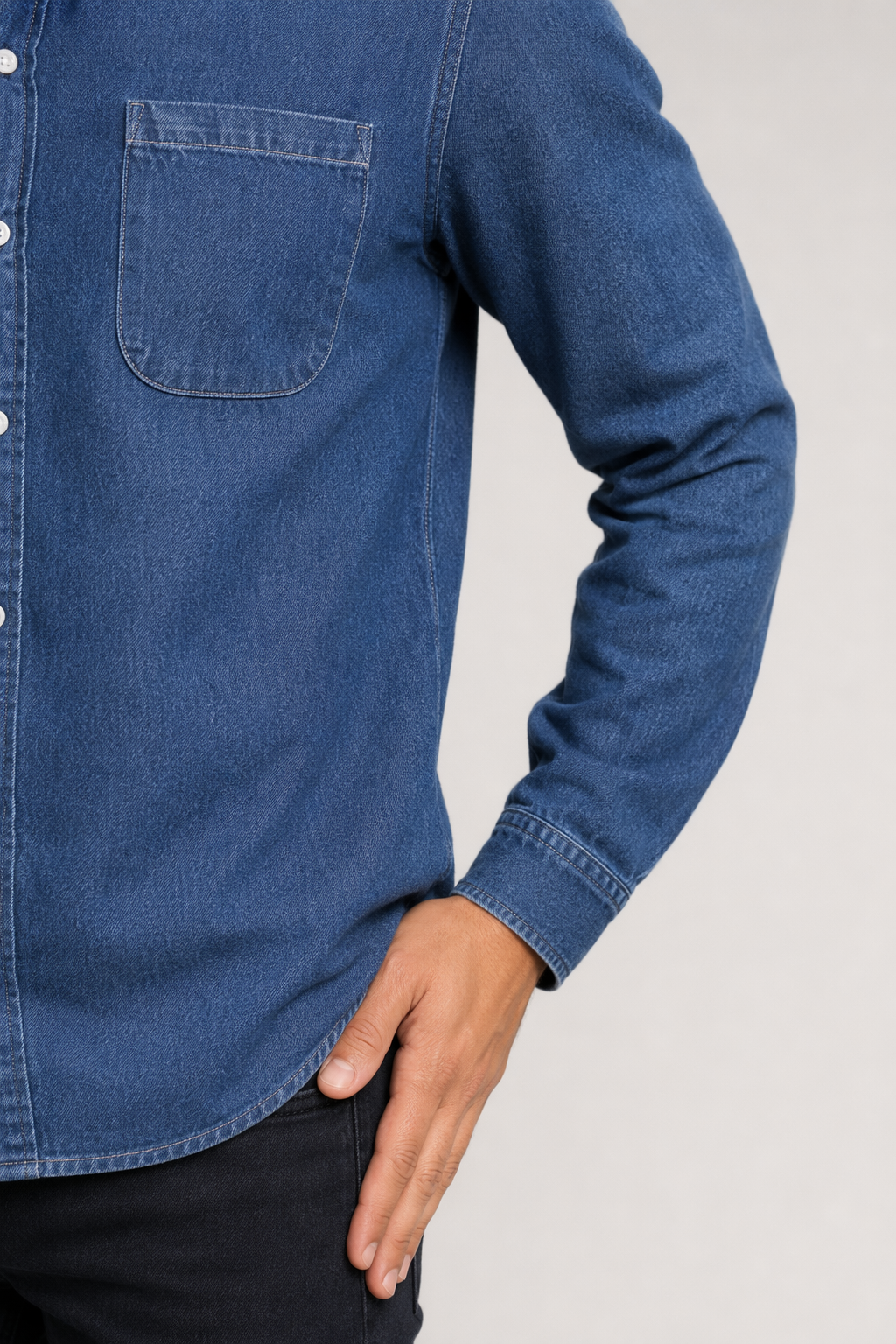 Long Sleeve Denim Shirt with Single Pocket for Men Dark Blue