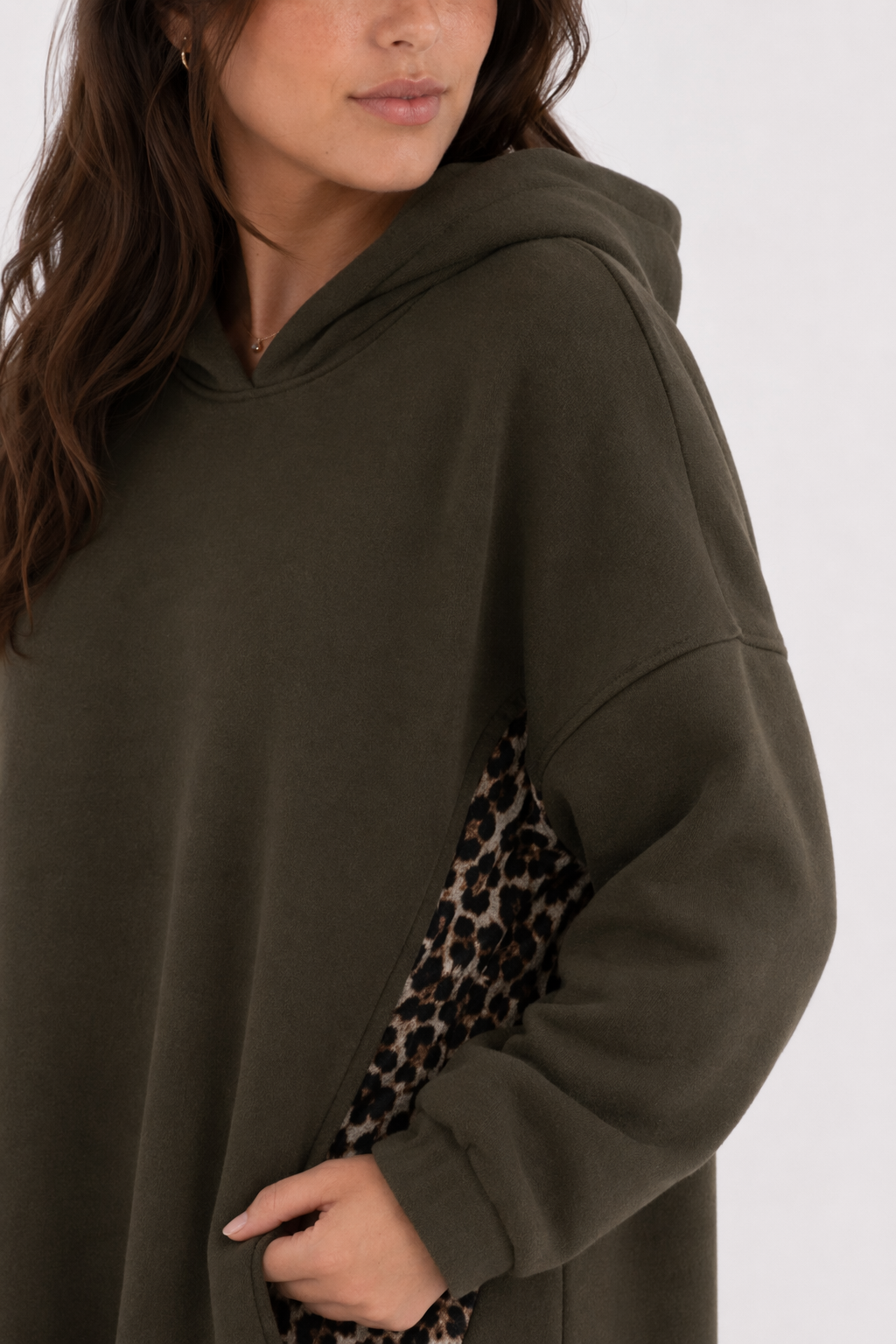 Leopard Print Dress Hoodie for Women with Layered Appearance Army Green