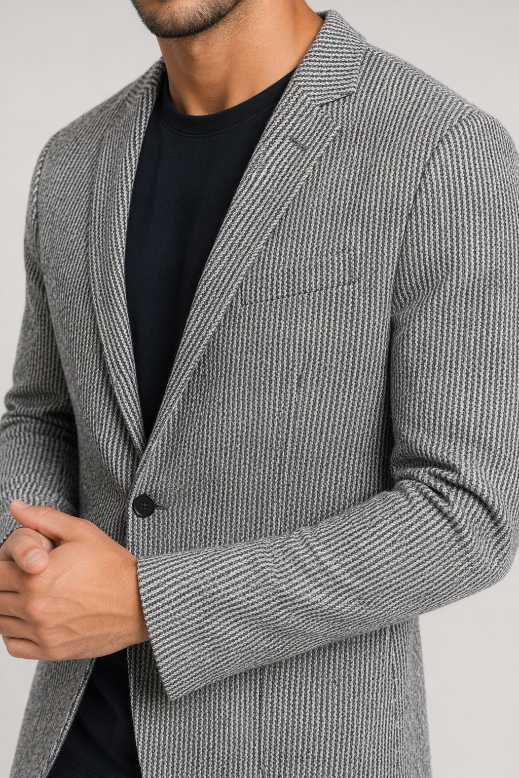 Striped Casual Blazer - Single Button for Men Light Gray