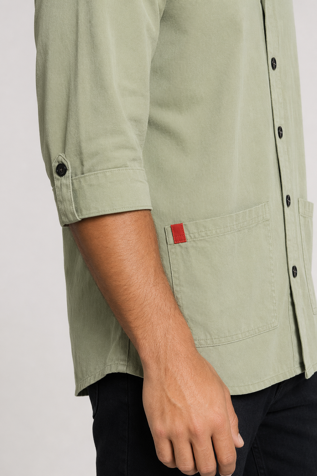 Quarter Sleeve Men's Shirt with Dual Front Pockets Green