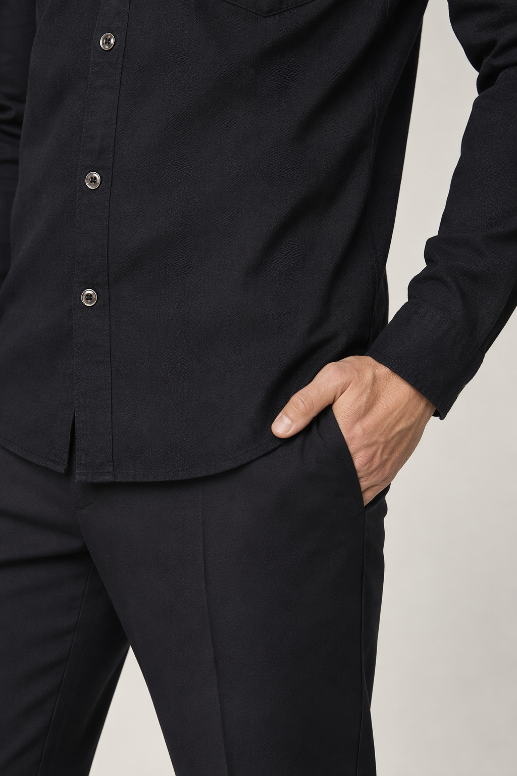 Long Sleeve Military Shirt with Dual Pockets for Men Black