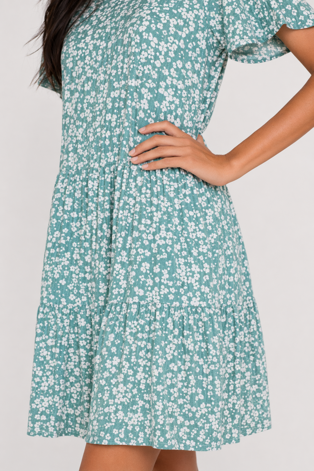 Floral Dress with Frilled Sleeves for Women Green
