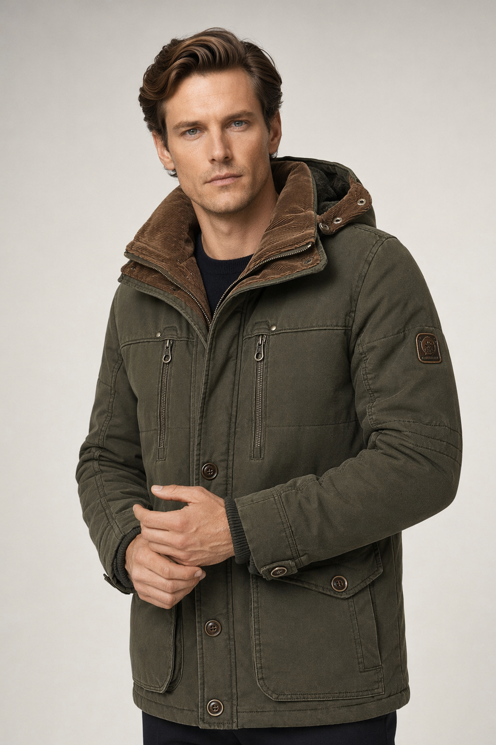 Hooded Winter Parka Coat for Men with Inner Fleece Army Green
