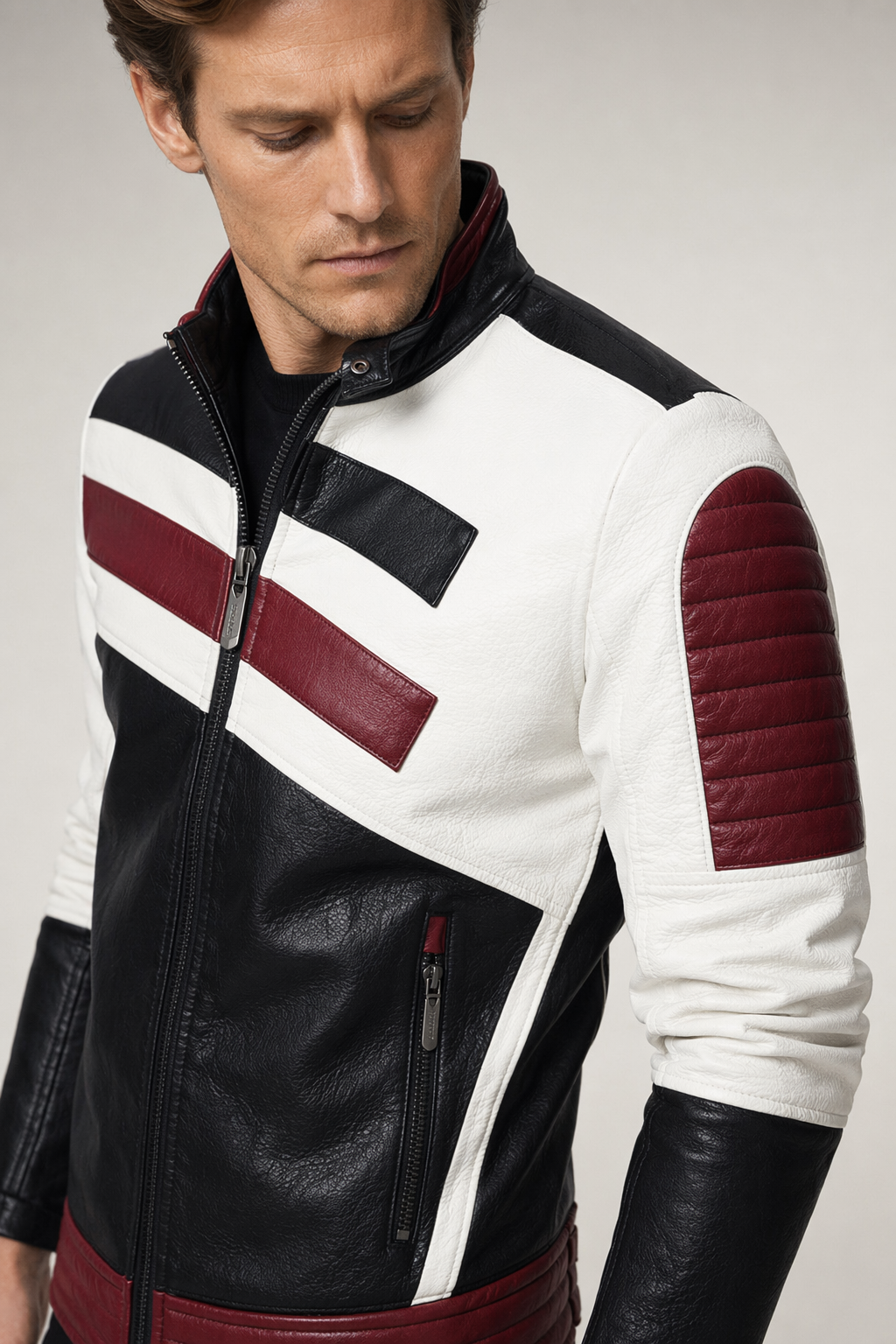 Striped Vegan Leather Biker Jacket for Men Red