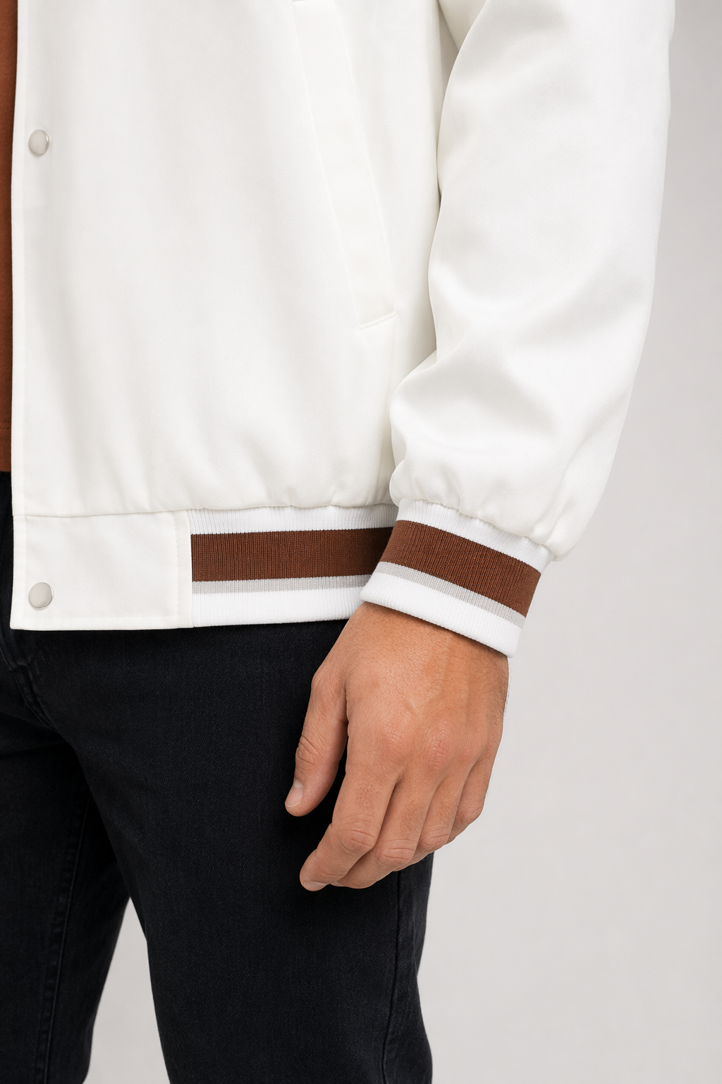 Layered Appearance Men's Baseball Jacket Featuring a Hood White