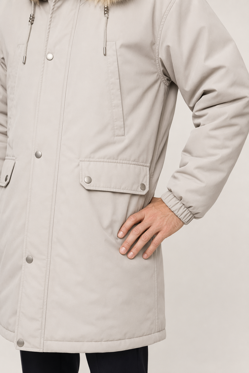 Long Parka Jacket for Men with Faux Fur Hood Light Gray