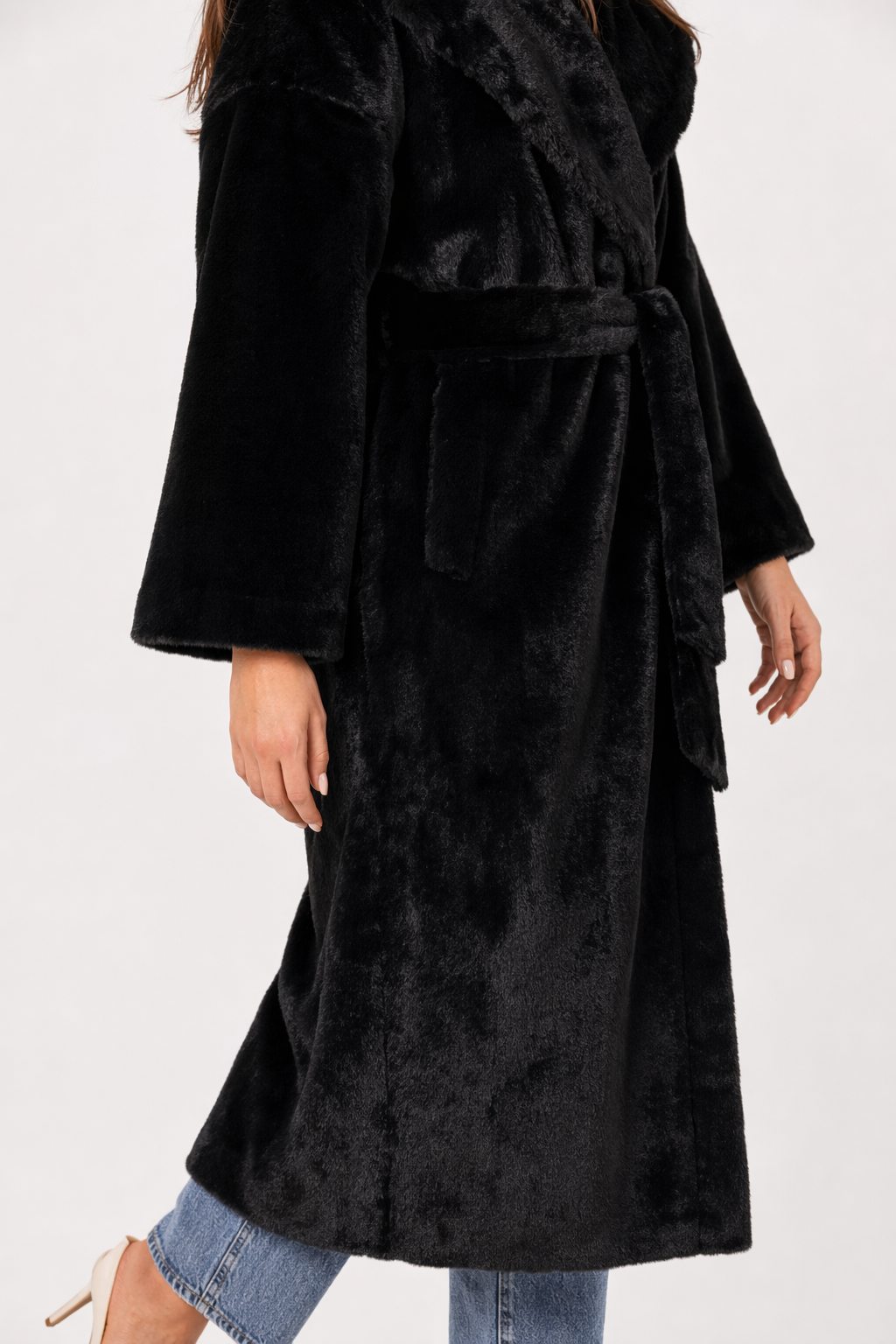 Faux Fur Belted Trench Coat for Women Black