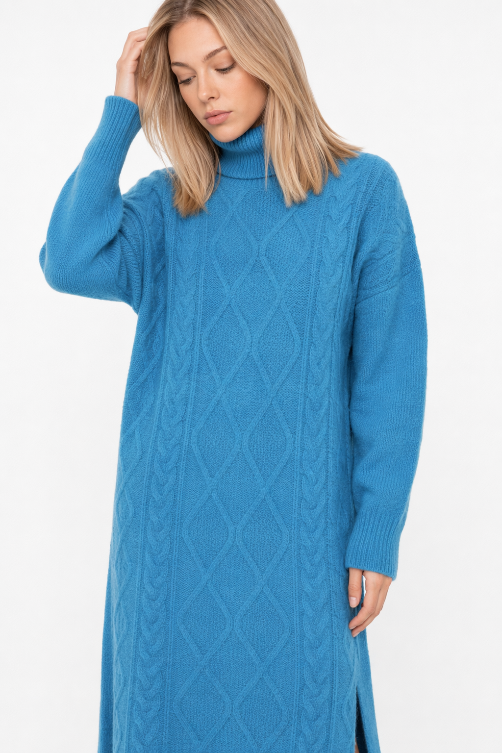 Long Cable Knit Dress for Women Blue