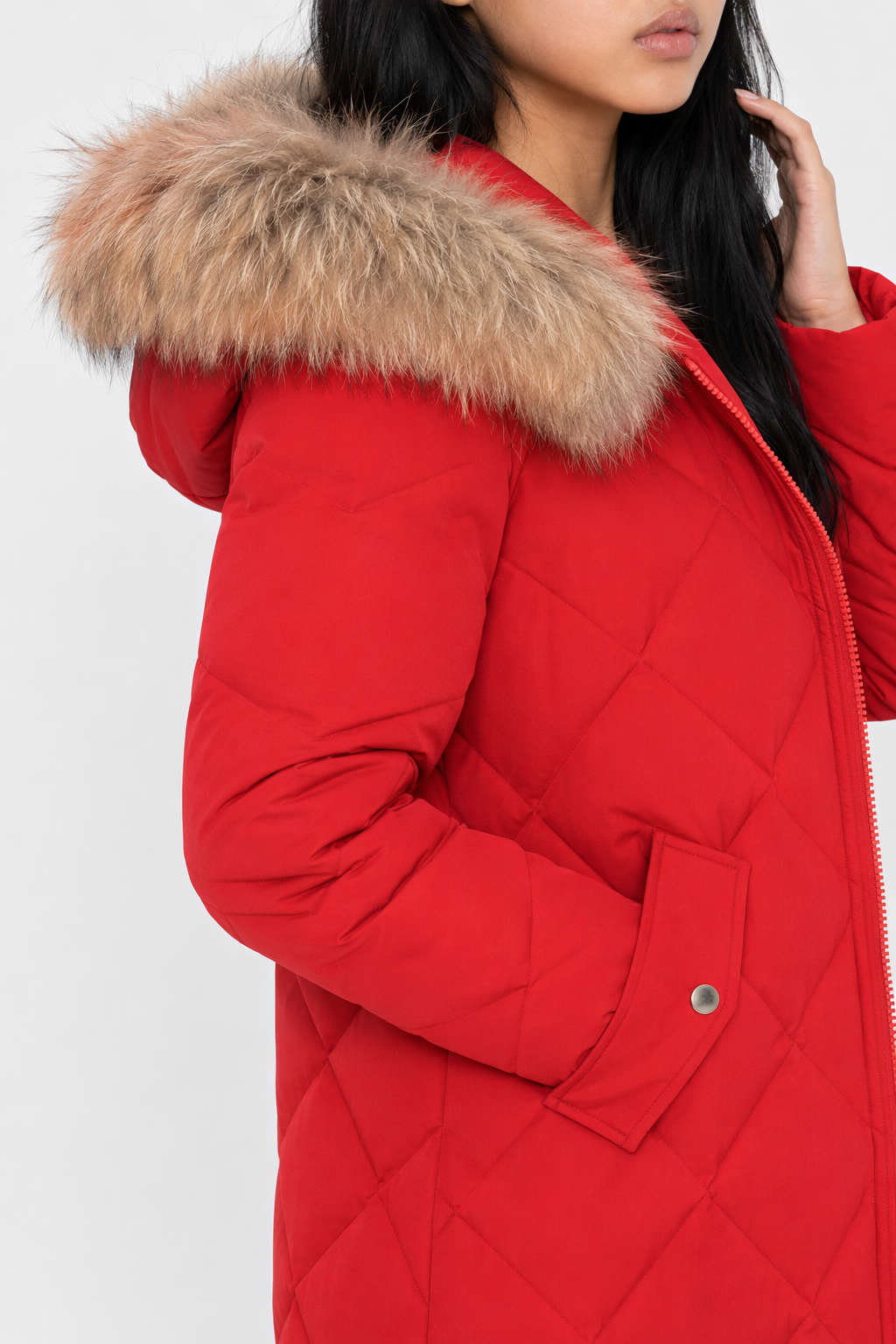 Long Coat for Women with a Hood Fur Trim and Zipper Closure Red