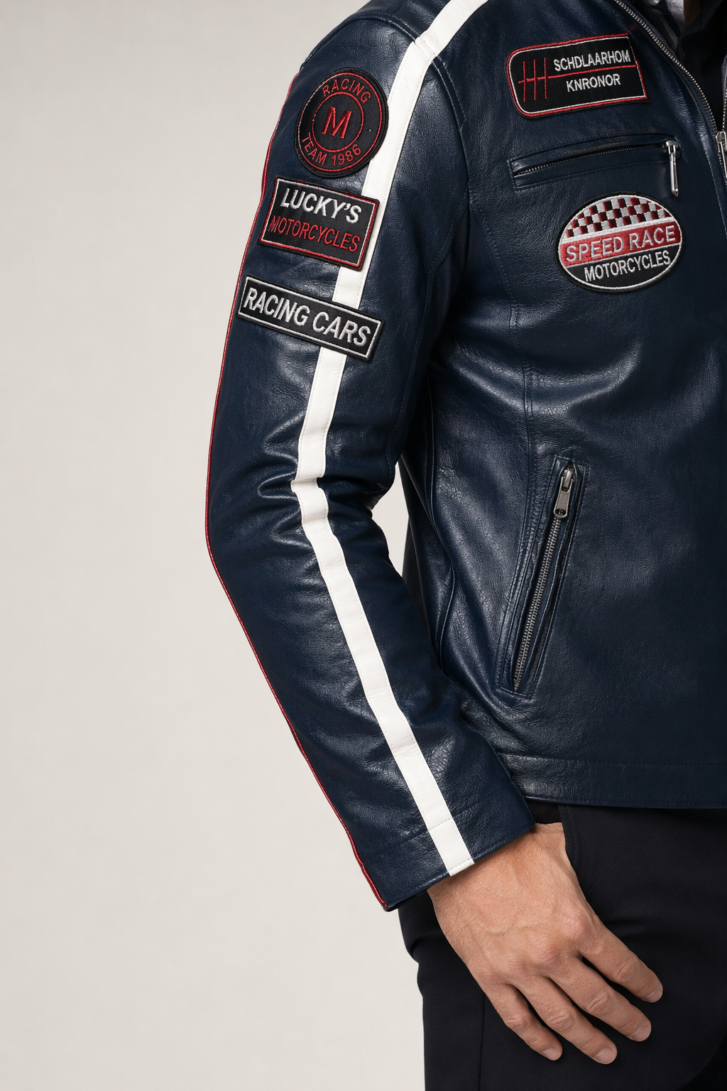 Vegan Leather Motorcycle Jacket with Embellishments for Men Navy