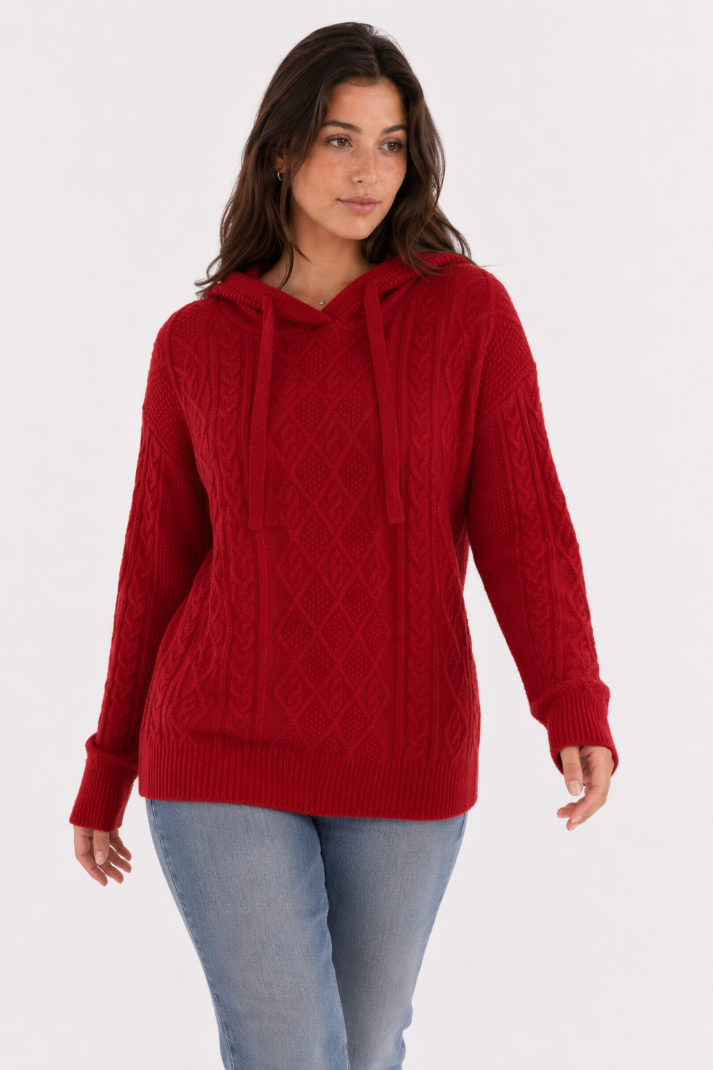 Hooded Cable-Knit Sweater for Women Red