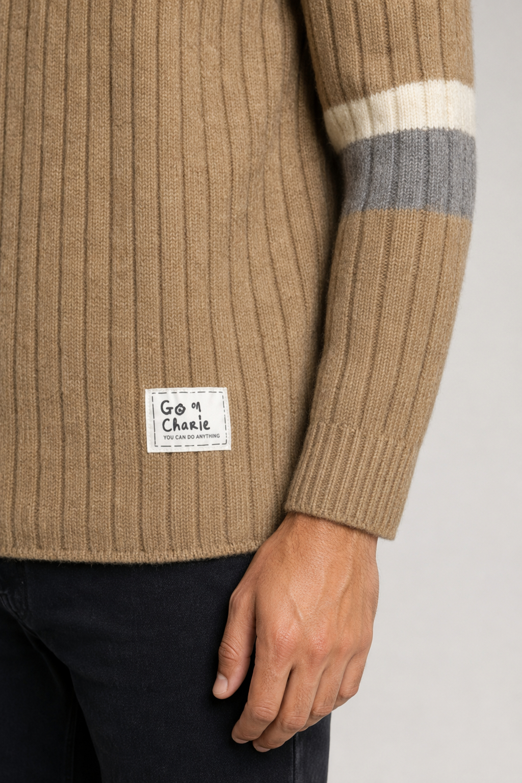 Stripe Sleeve Men's Turtleneck Sweater for Casual Wear Khaki
