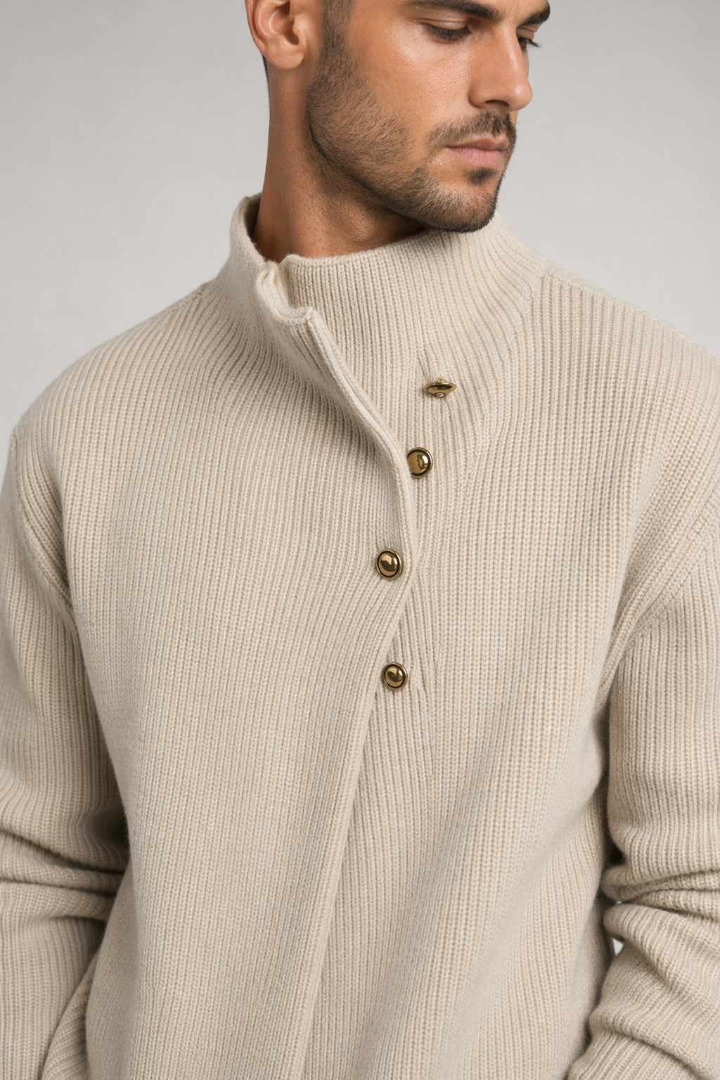 Buttoned Wrap Collar Sweater for Men with Stylish Details Khaki