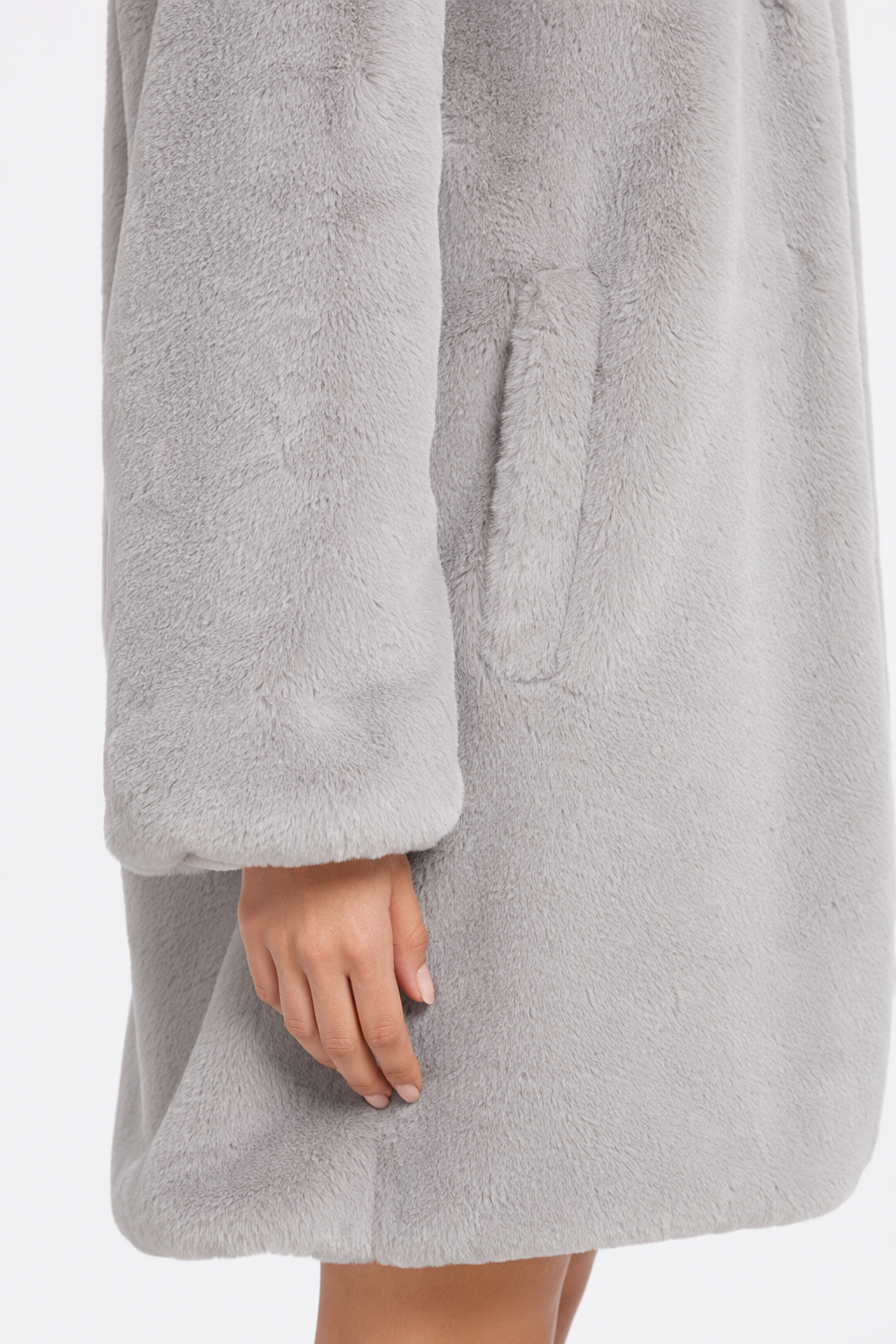 Faux Fur Coat for Women with Hood and Pockets Gray