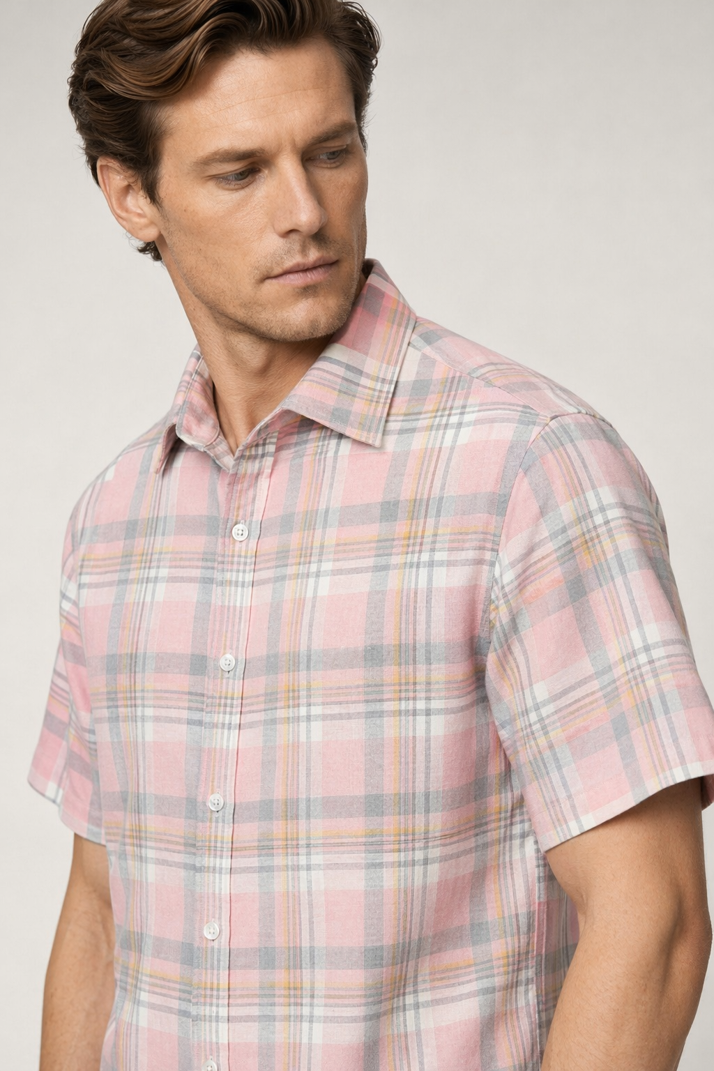 Summer Plaid Shirt for Men with Short Sleeves Pink