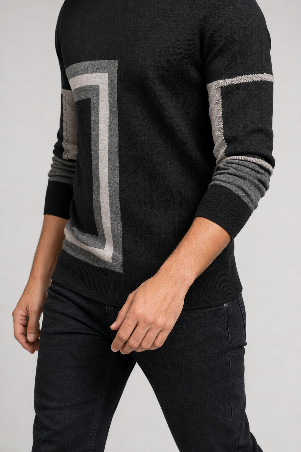 Printed Round Neck Men's Knit Sweater Gray