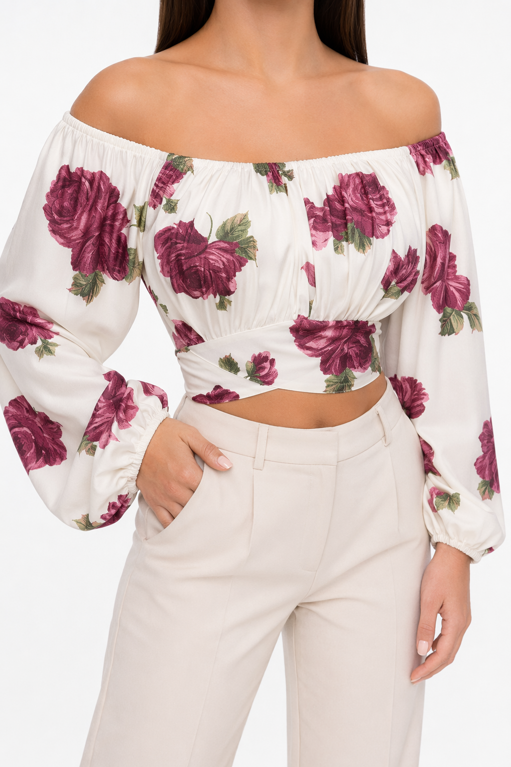 Summer Women's Top with Off-Shoulder Style and Bell Sleeves Print White