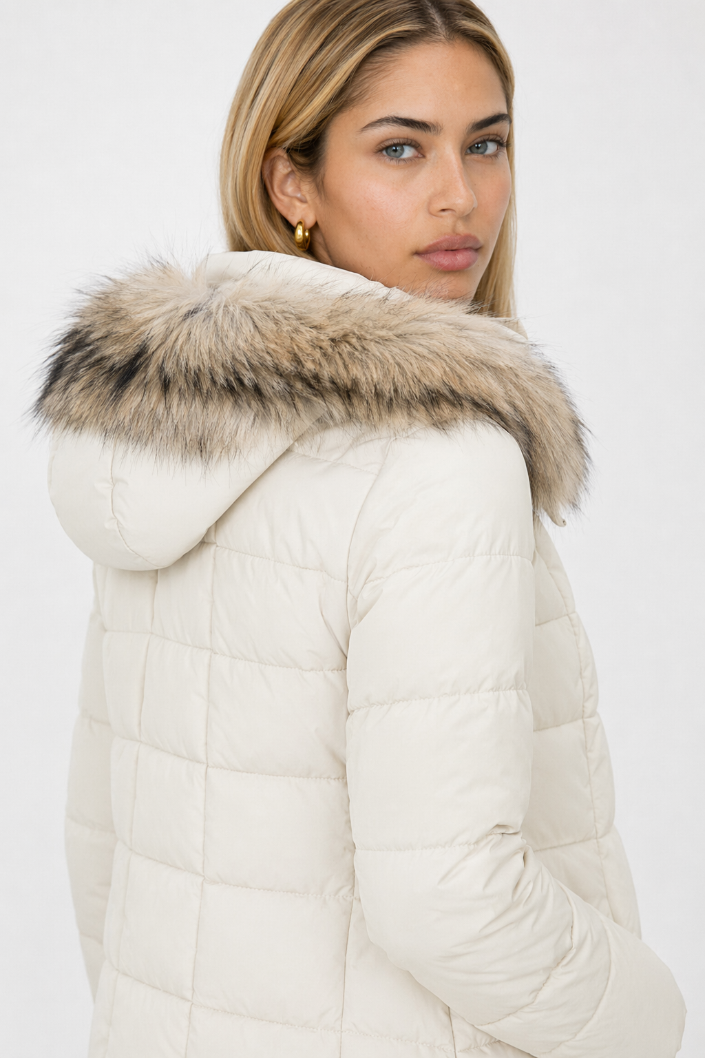 Long Coat for Women with Detachable Faux Fur Hood Off White