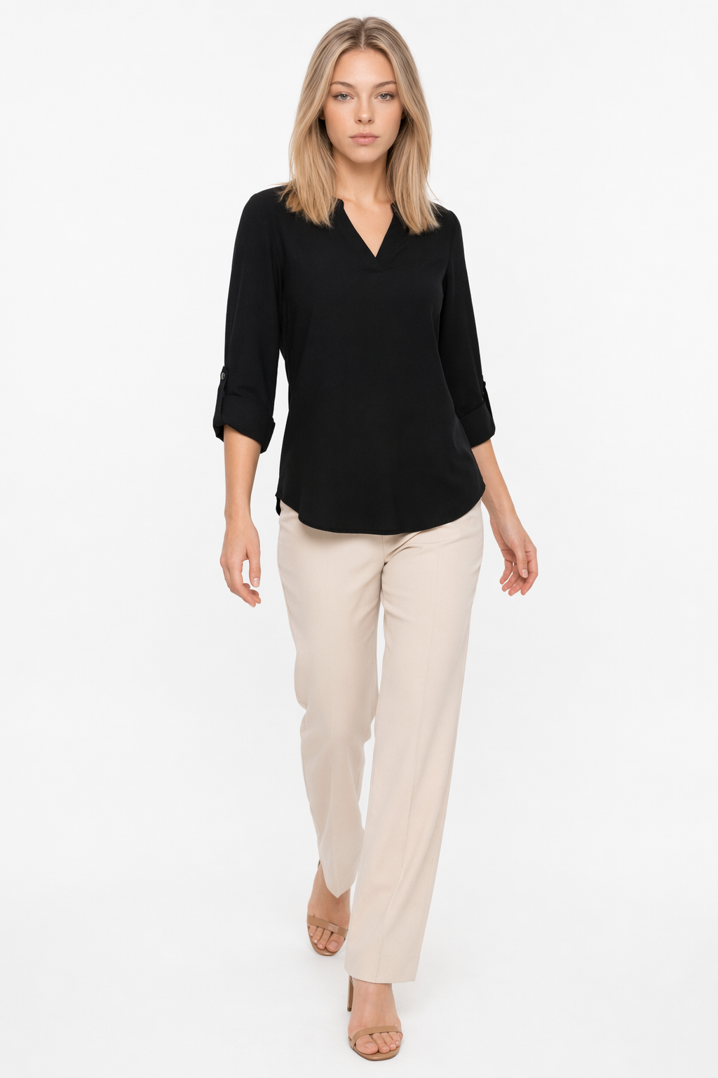 Quarter Sleeve Women's Top with a V Neckline Black