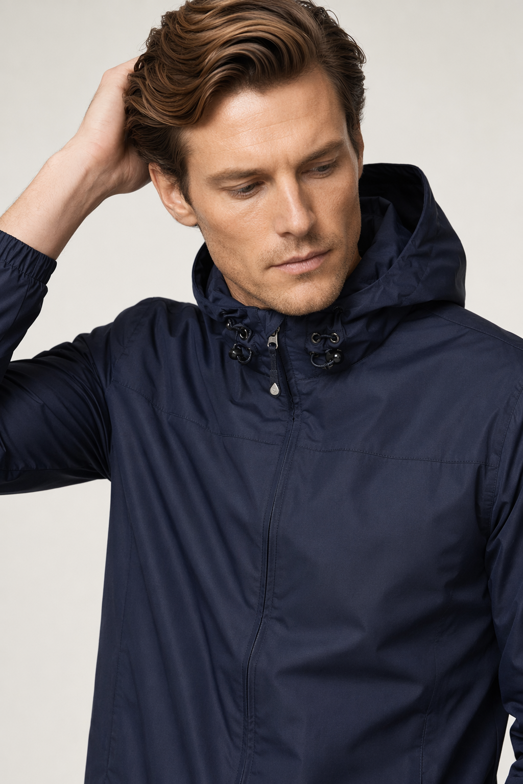 Windproof Hooded Jacket for Men with Elevated Collar Navy