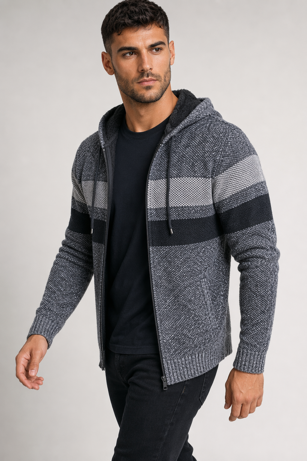 Hooded Men's Striped Knitted Sweater Dark Gray