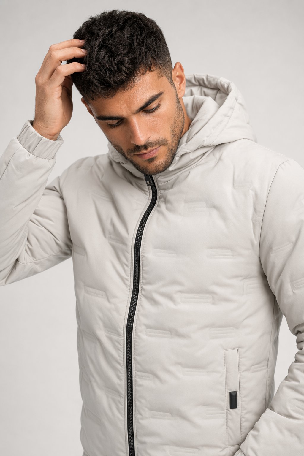Hooded Puffer Jacket for Men with Zipper Closure Light Gray
