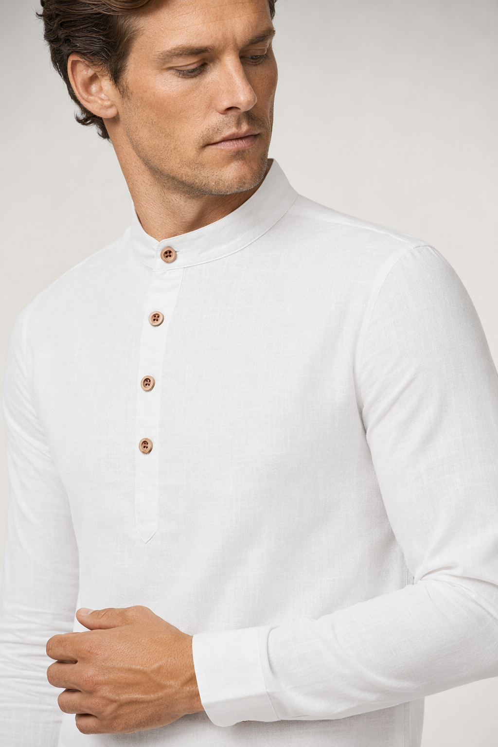 Linen Half-Button Round Neck Men's Shirt White