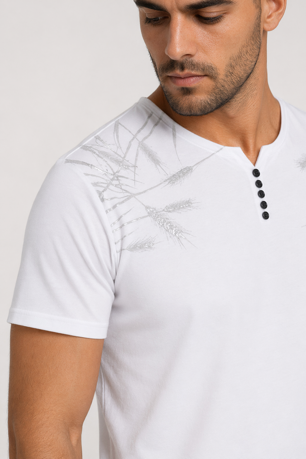 Feather Print Men's Short Sleeve Buttoned T-Shirt White