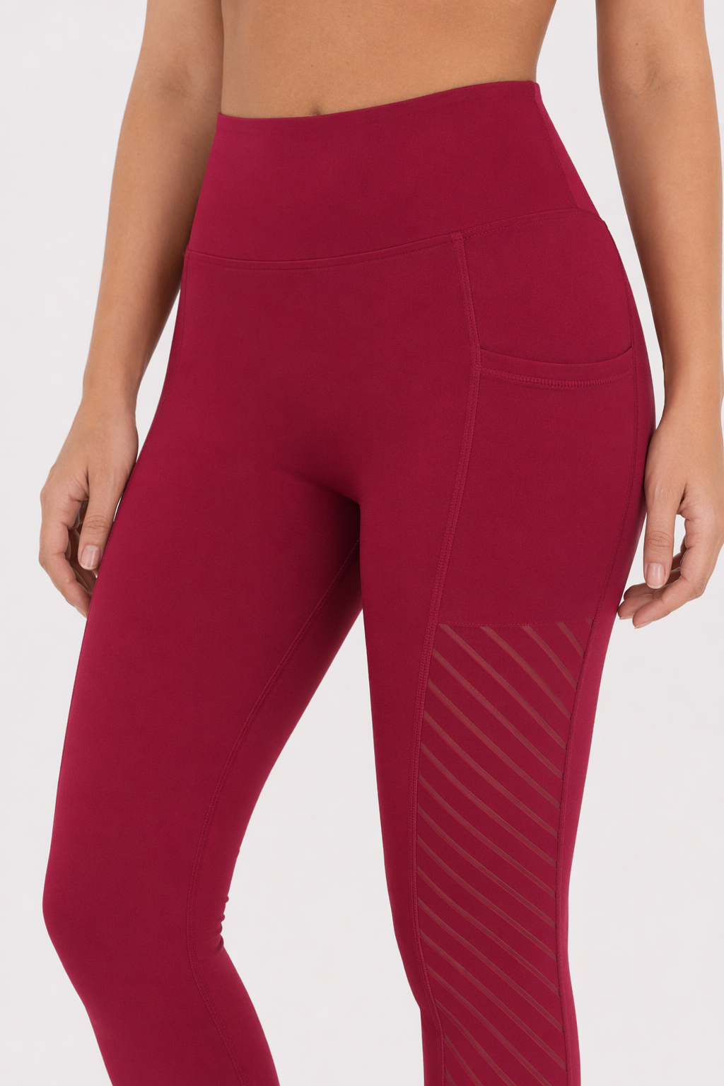 Mesh Panel High-Waisted Yoga Leggings featuring Pockets Red